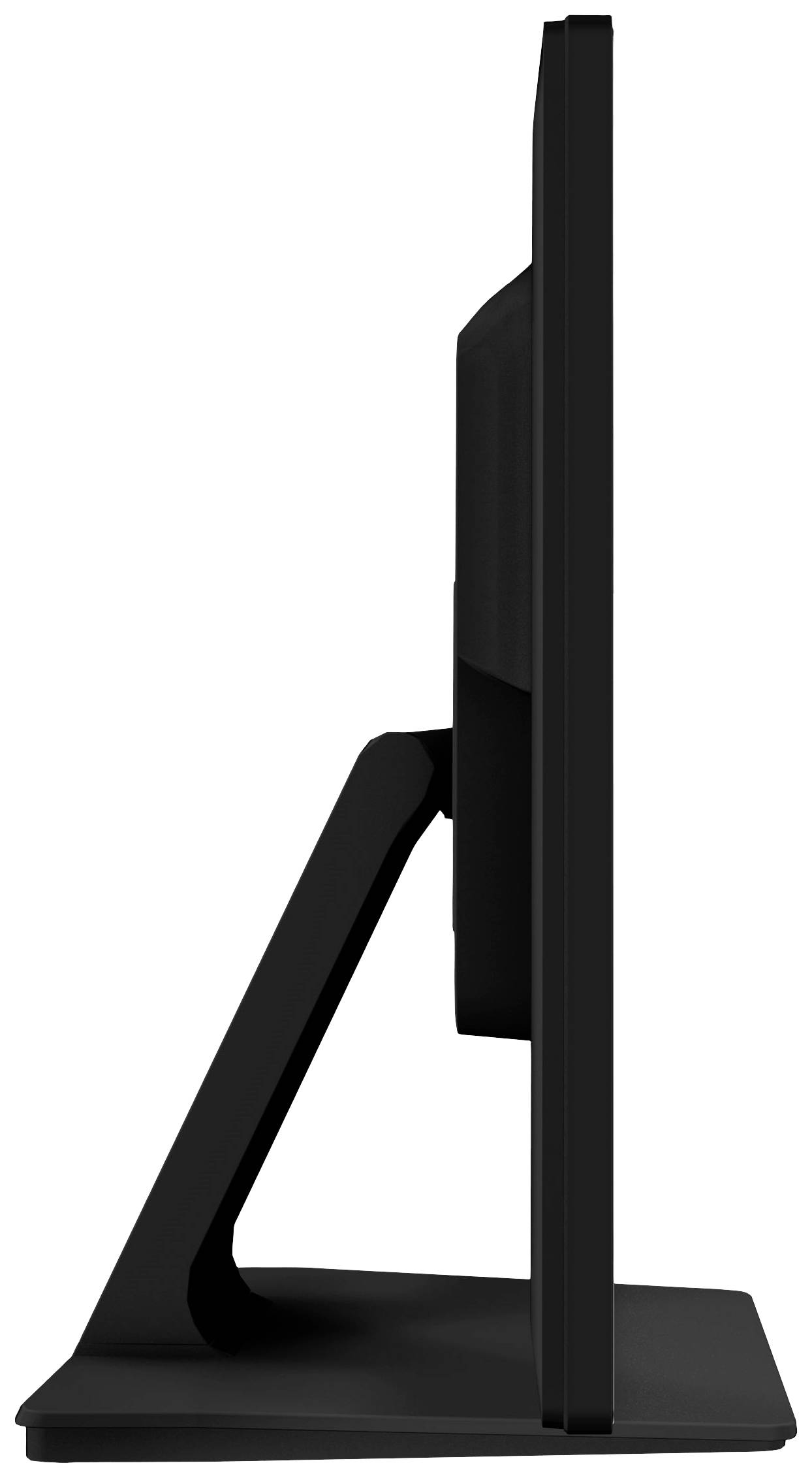 Seitenansicht eines schlanken, schwarzen Computermonitors auf einem rechteckigen Standfuß, zeigt minimalistische Gestaltung.