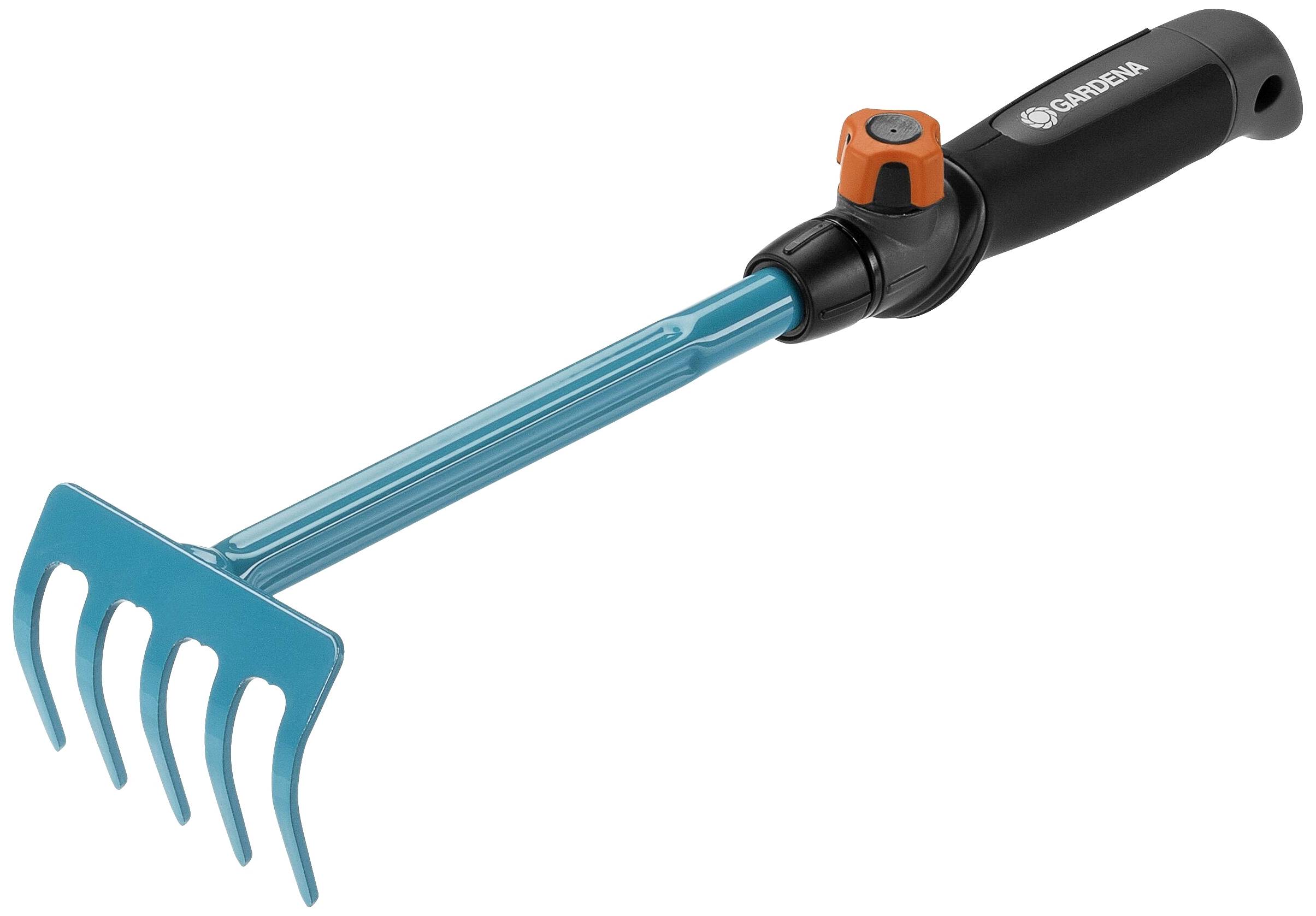 Handrechen aus Metall mit blauem Griff und schwarzem Kunststoffhandteil mit orangem Drehknopf, geeignet für Gartenarbeiten.