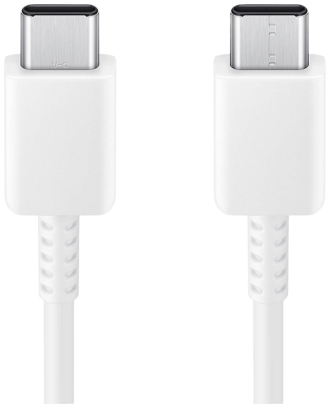 Weiße USB-C-Kabel mit an beiden Enden identischen Steckern, bereit zur Datenübertragung oder zum Aufladen von Geräten.