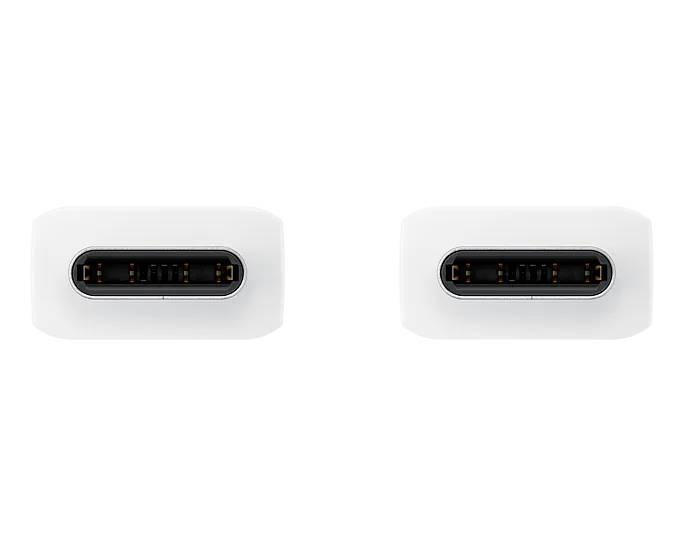 Zwei USB-C-Anschlüsse auf weißem Hintergrund. Jeder Anschluss zeigt die typische längliche Form und den offenen Steckkontakt.