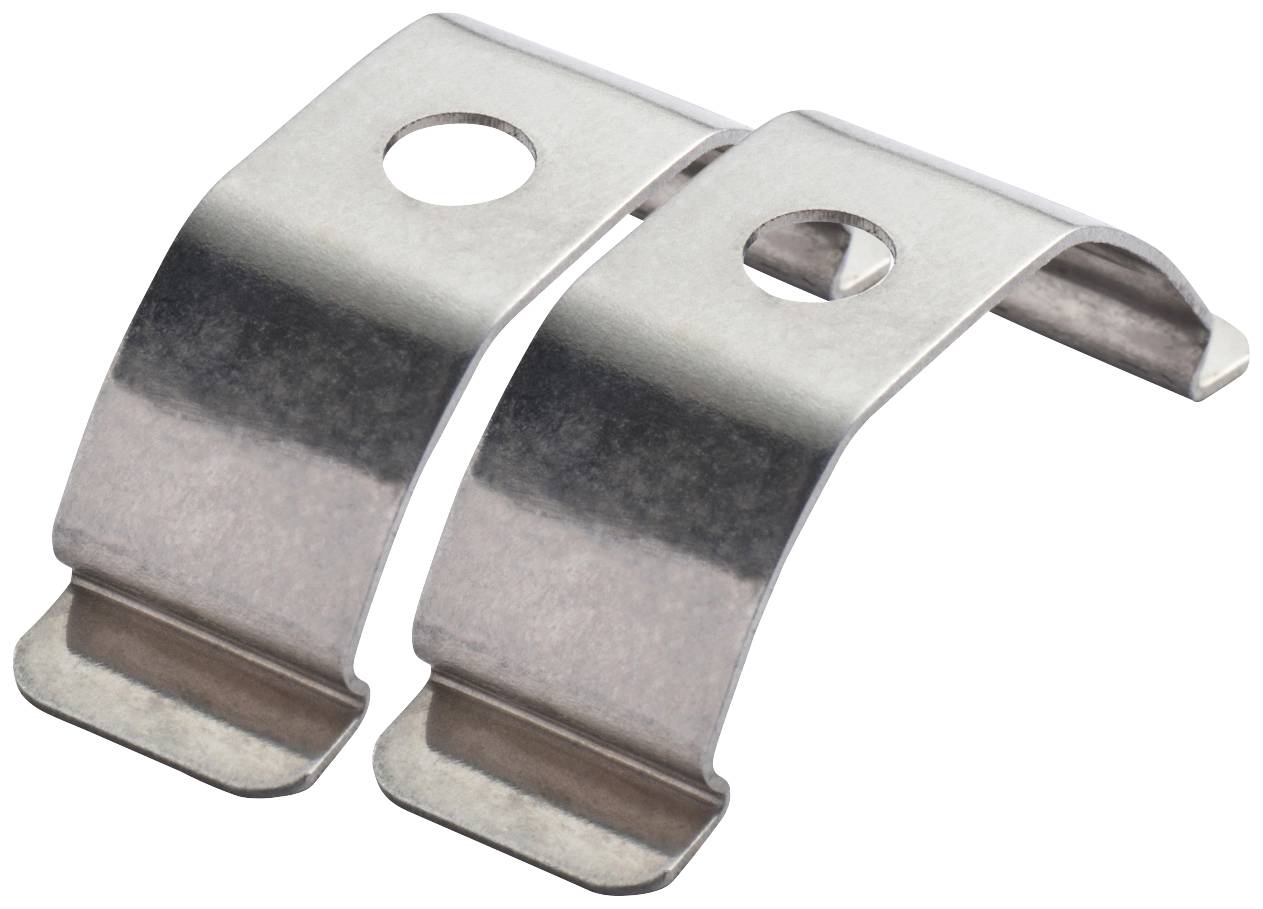 Zwei silberne Metallklammern mit ovalen Löchern in der Mitte. Sie sind nebeneinander angeordnet und haben flache Enden.