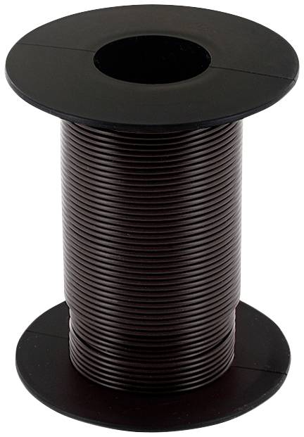 Eine schwarze Spule mit dunkelbraunem Kabel aufgewickelt.