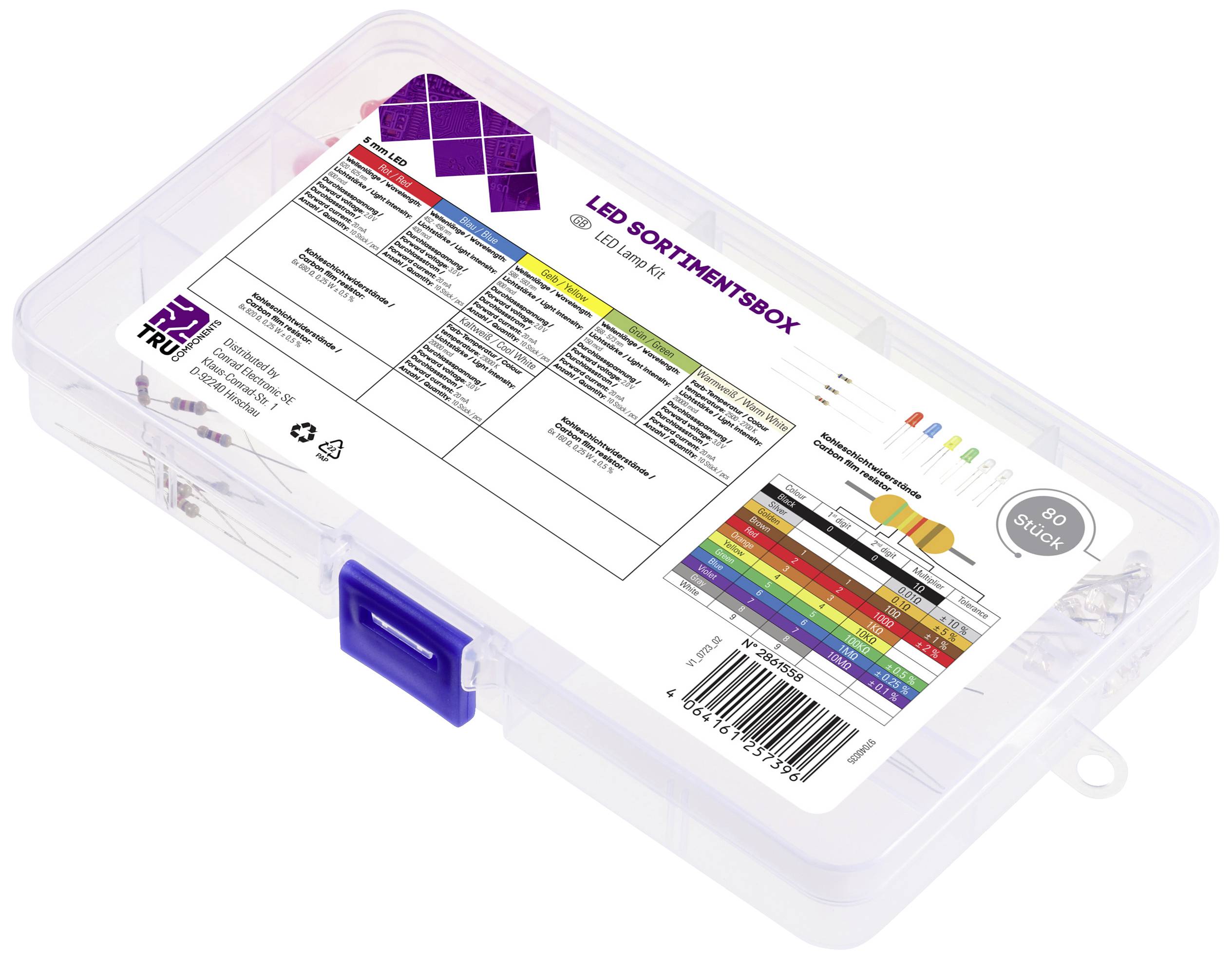 TRU COMPONENTS LED-Sortiment Rot, Gelb, Grün, Blau, Warmweiß, Kaltweiß Rund 5mm 150 mcd, 400 mcd, 600 mcd, 800 mcd, 20000 mcd