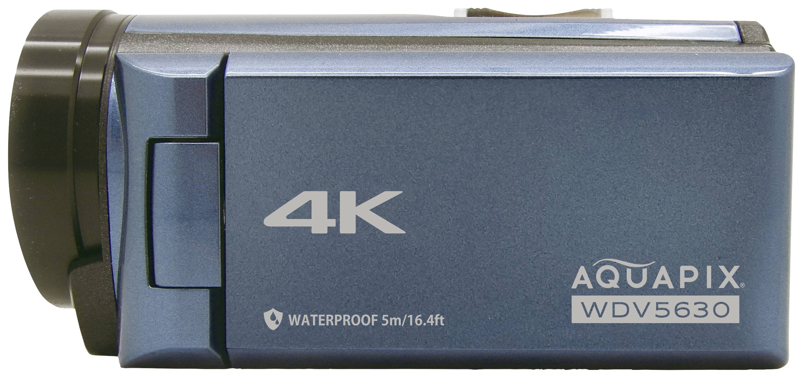Blaue 4K-Videokamera mit der Aufschrift 'AQUAPIX WDV5630', wasserdicht bis 5 Meter.