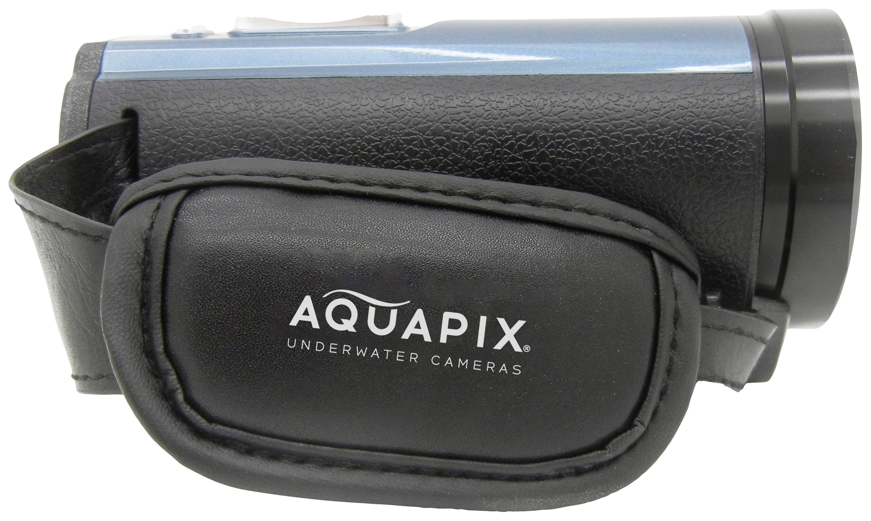 Eine schwarze und blaue Unterwasserkamera mit dem Markenlogo 'AQUAPIX' auf der Handschlaufe.