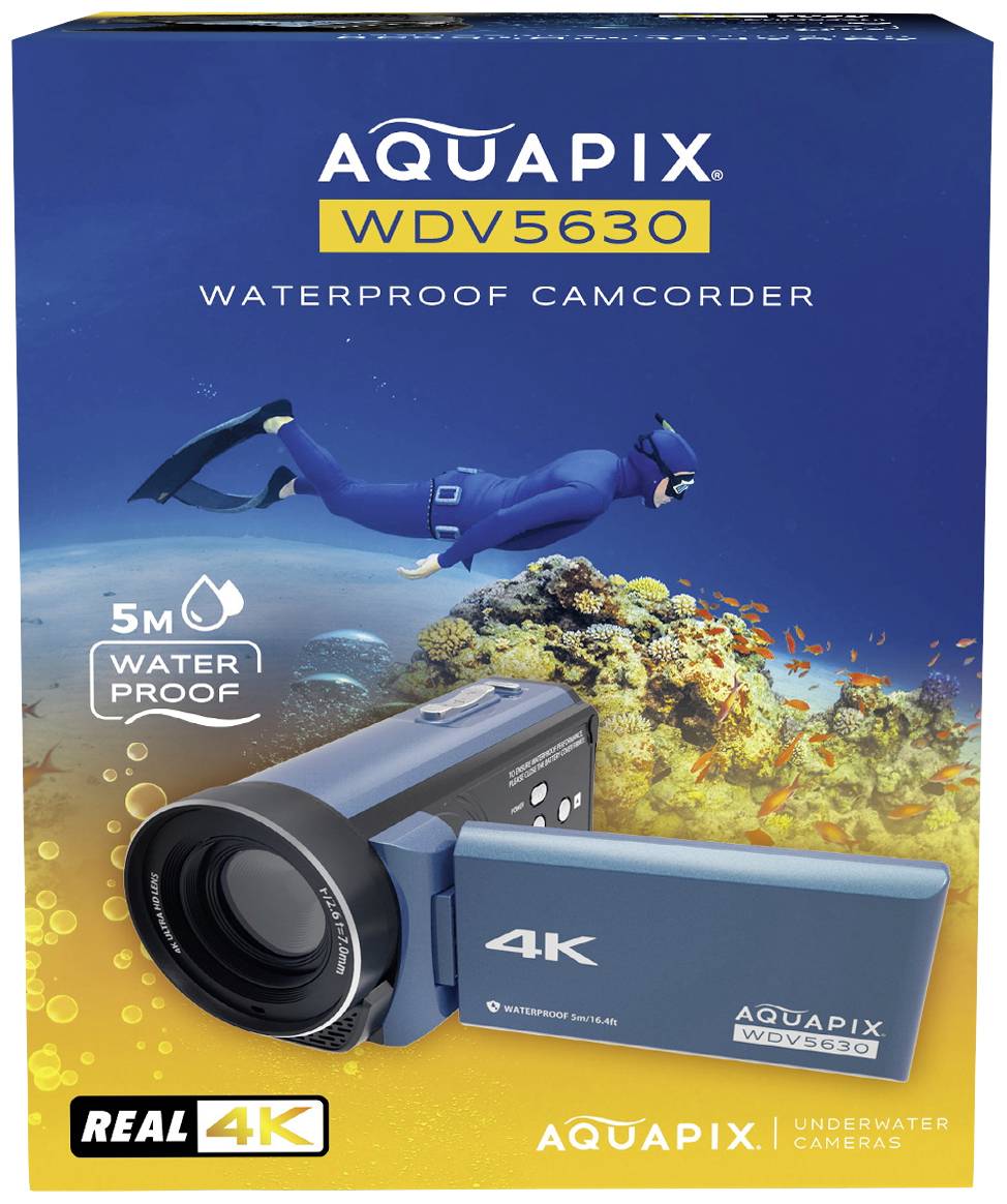 Wasserdichte Camcorder-Verpackung der Marke Aquapix, Modell WDV5630, zeigt Taucher und Kamera mit 4K-Videofunktion bis 5m Tiefe.