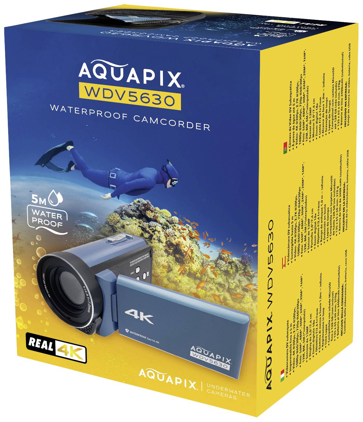 Verpackung einer Aquapix WDV5630 wasserdichten Videokamera. Abgebildet ist ein Taucher im Wasser. Hervorgehoben: 4K-Auflösung und 5m wasserdicht.