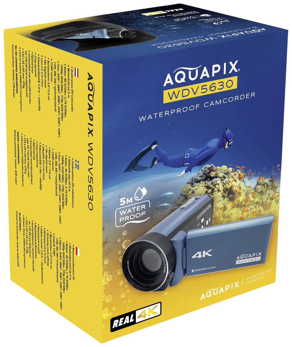 Gelbe Verpackung der wasserdichten 4K-Camcorder-Kamera 'AQUAPIX WDV5630'. Abgebildet ist ein Taucher im Wasser.