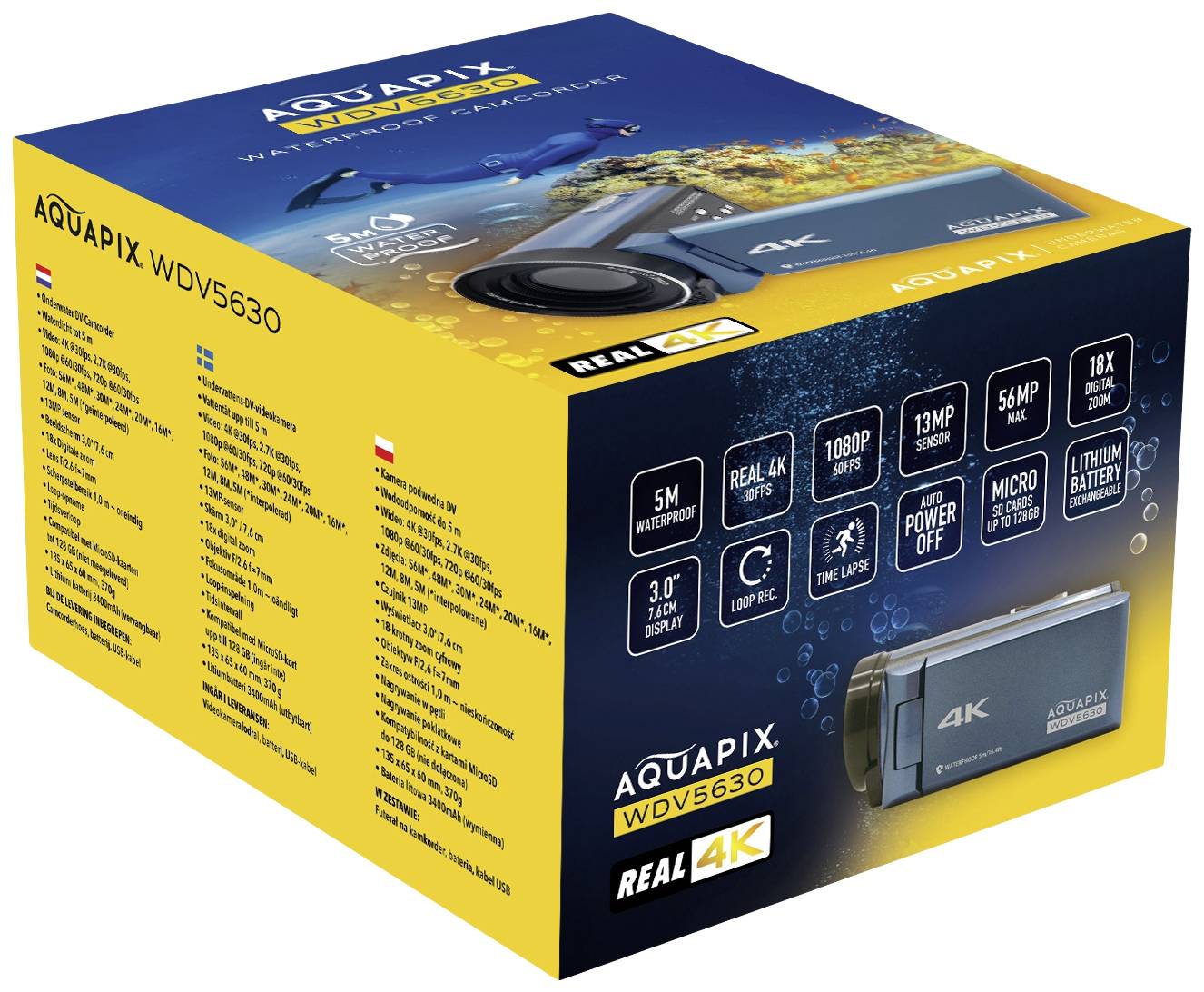 Eine gelbe Verpackung einer AQUAPIX WDV5630 Kamera, zeigt 4K-Auflösung, 5m wasserdicht, 1080p Aufnahme, 13MP Kamera, 3.0'' Bildschirm.