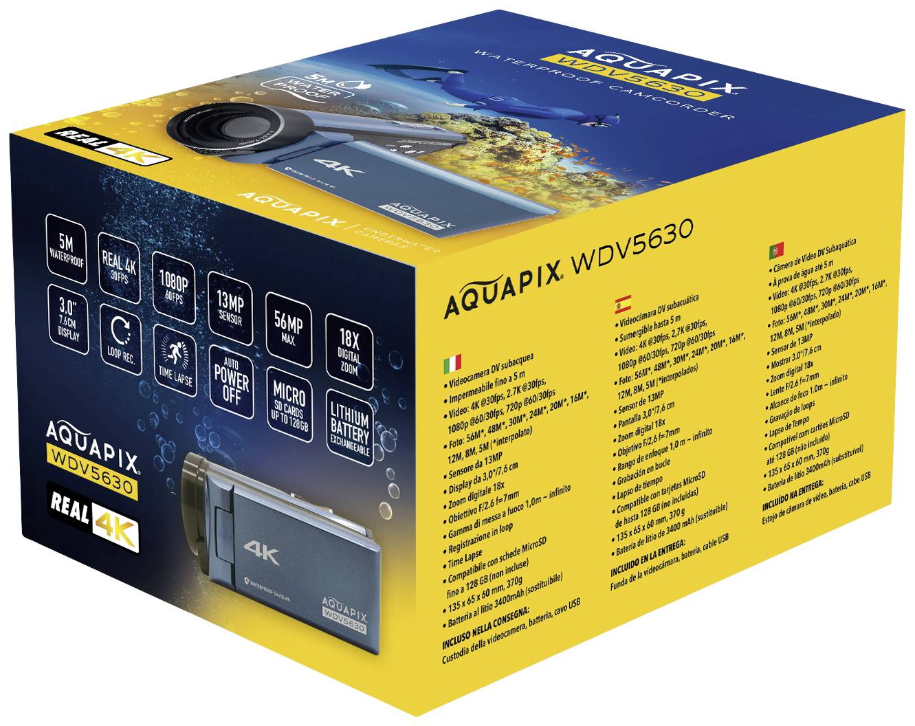 Verpackung einer 4K-Unterwasserkamera mit Produktdetails und Spezifikationen in mehreren Sprachen. Bild von Kamera und Zubehör.