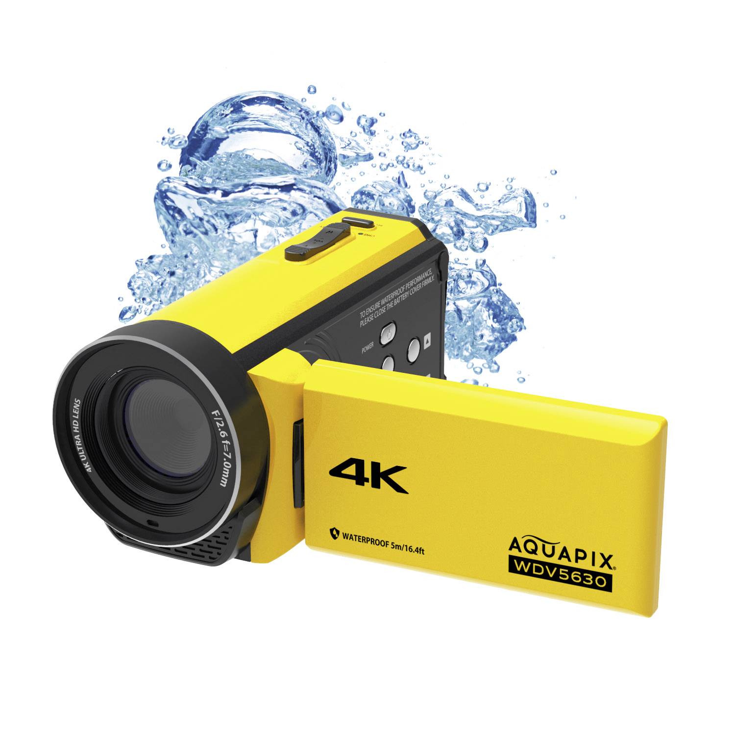 Gelbe 4K-Videokamera 'Aquapix WDV5630', spritzwassergeschützt, mit ausgeklapptem Display und Wassertropfen im Hintergrund.