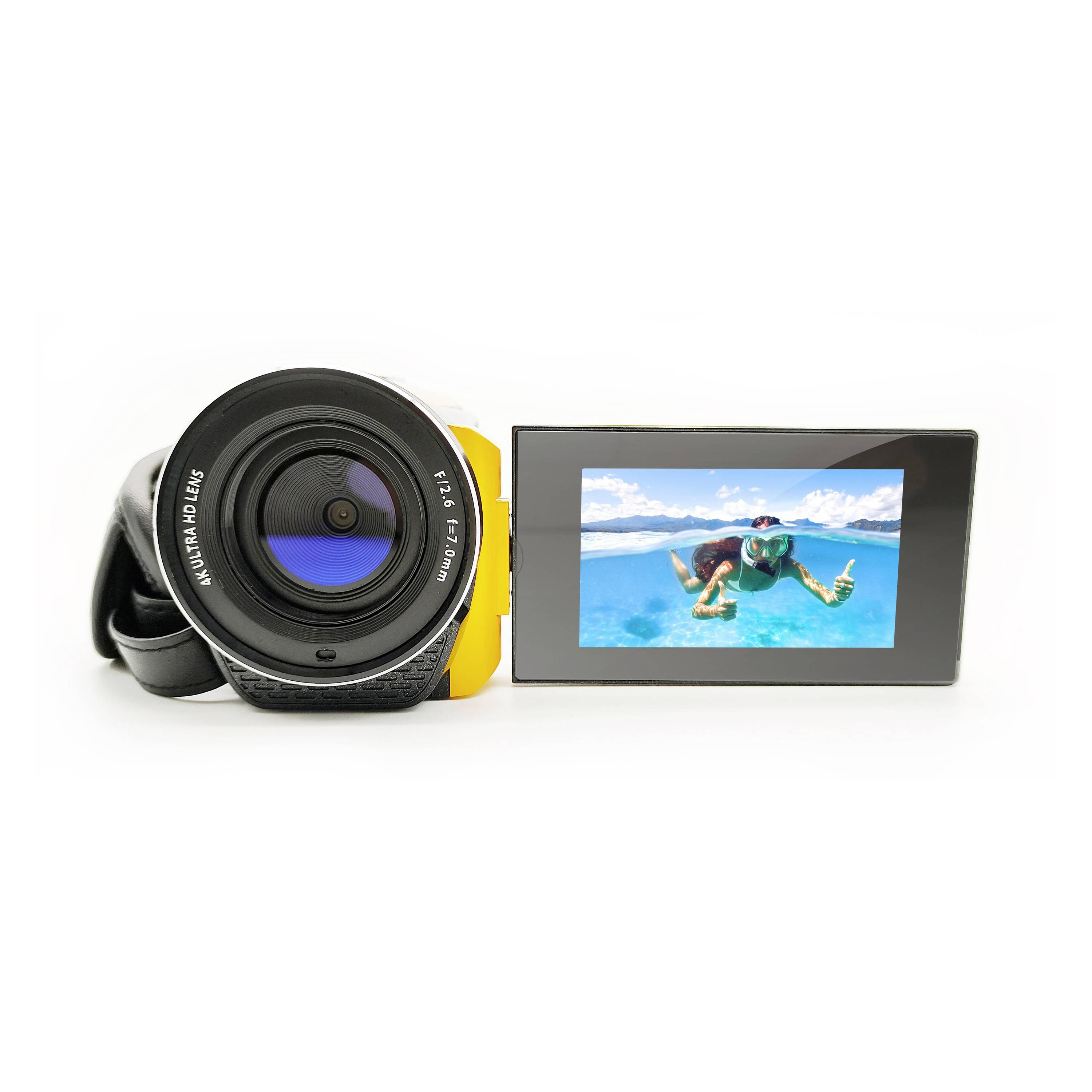 Eine Kamera mit einer Vorschauaufnahme eines Schnorchlers im blauen Meer auf dem Display, die ein Daumen-hoch-Zeichen zeigt.