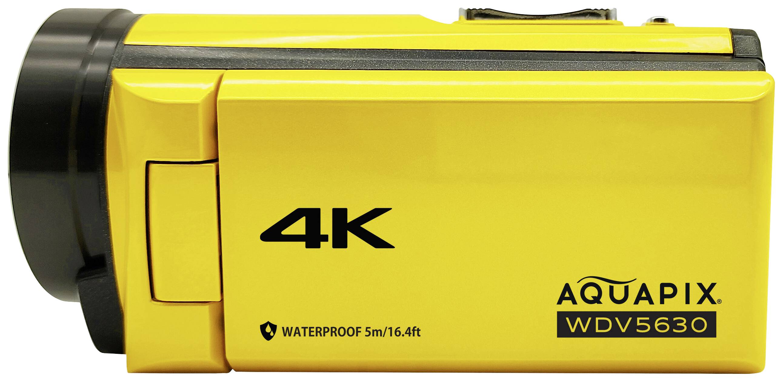 Gelbe 4K Videokamera der Marke Aquapix WDV5630, wasserdicht bis 5 m.