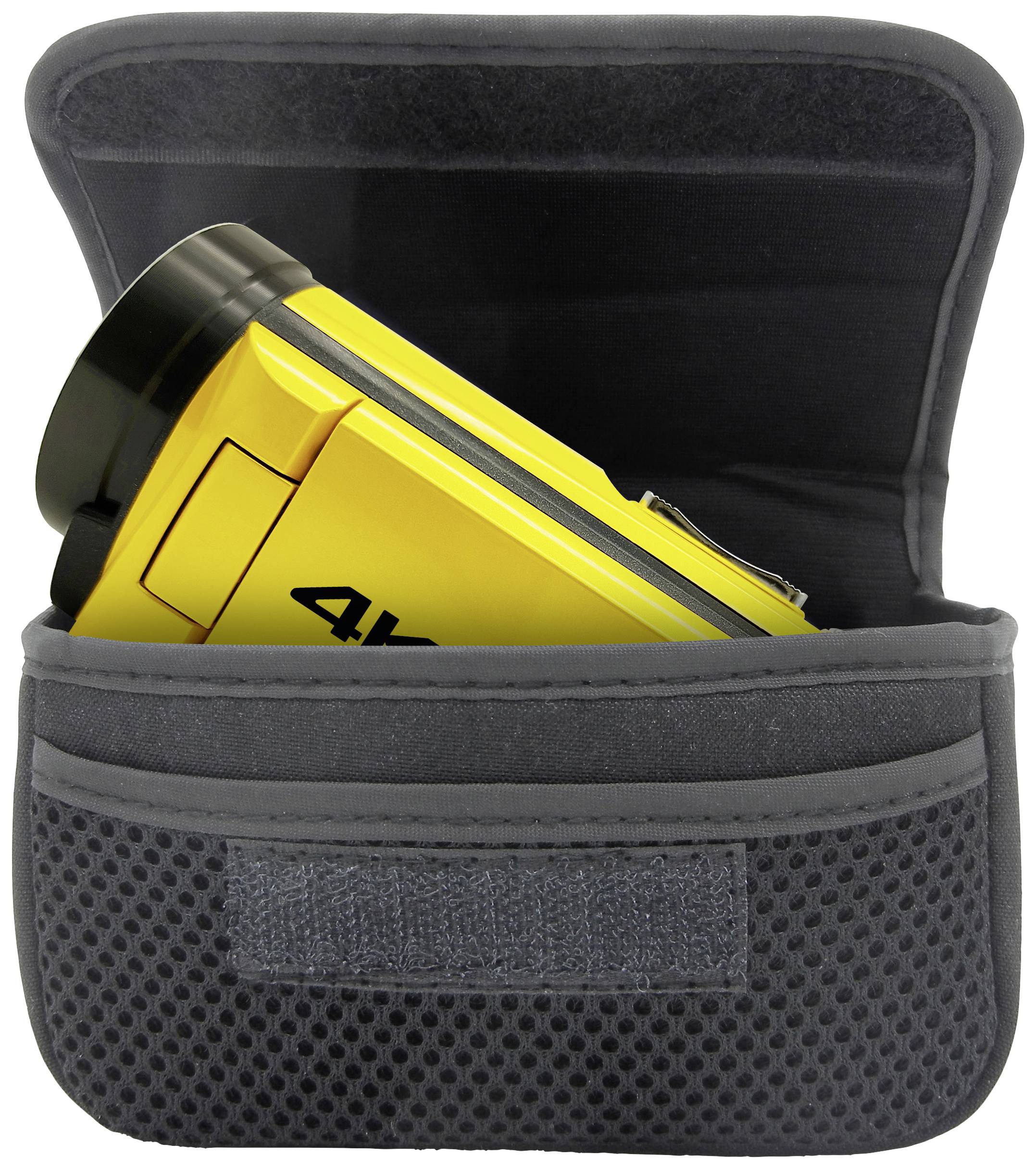 Gelbe Kamera in einer schwarzen Stofftasche, die teilweise geöffnet ist, sichtbar von der Seite.