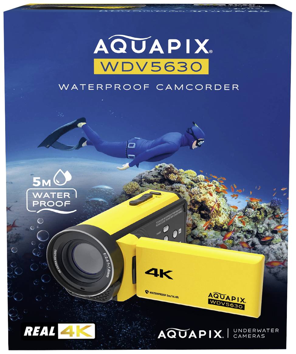 Camcorder-Produktverpackung mit gelber Kamera und Taucher im Hintergrund. Text auf der Schachtel: 'AQUAPIX WDV5630', 'WATERPROOF CAMCORDER'.