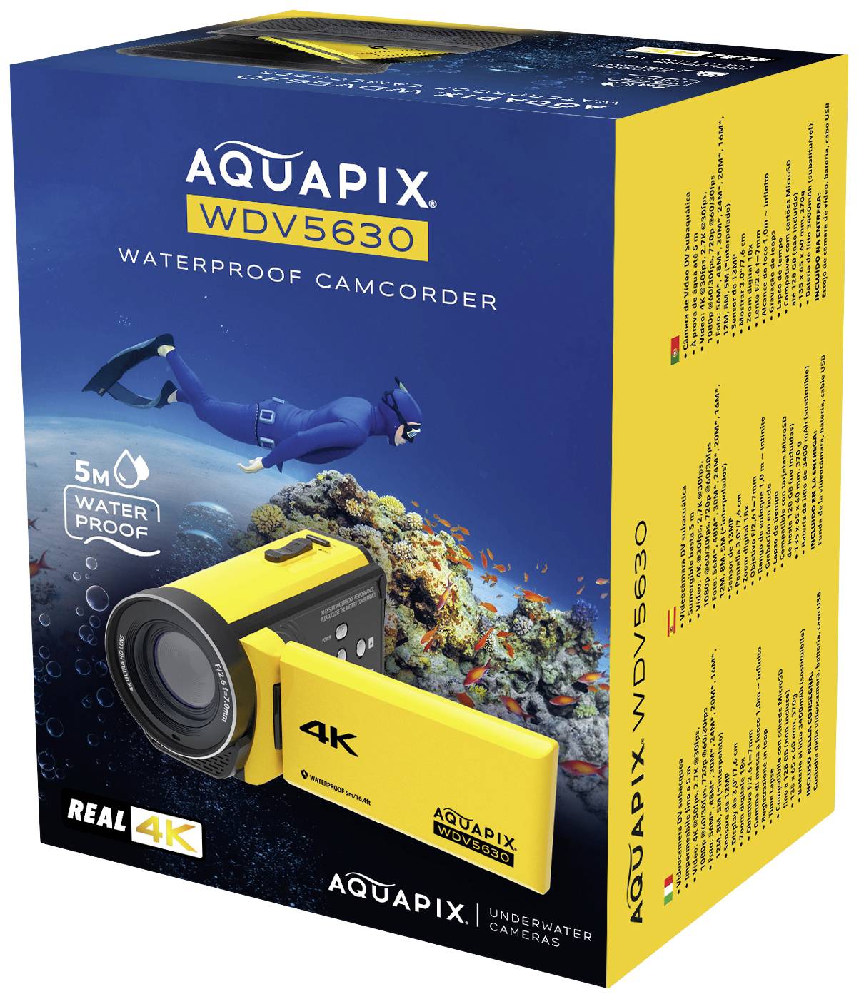 Verpackung der Aquapix WDV5630, einer wasserdichten 4K-Video-Unterwasserkamera, zeigt Taucher mit Korallenriff im Hintergrund.