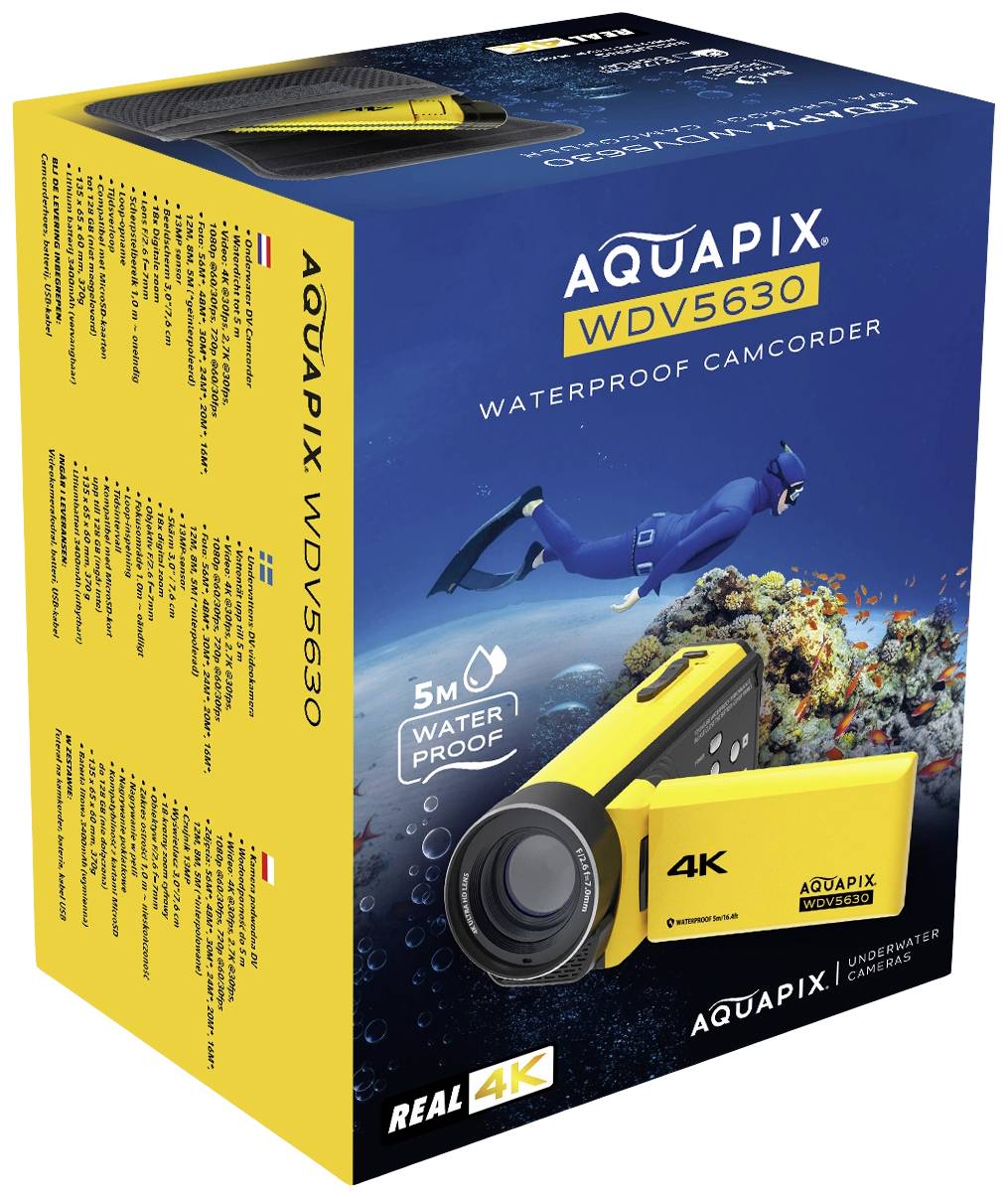 Eine wasserdichte Camcorder-Verpackung mit der Aufschrift 'AQUAPIX WDV5630 4K', zeigt einen Taucher im Wasser.