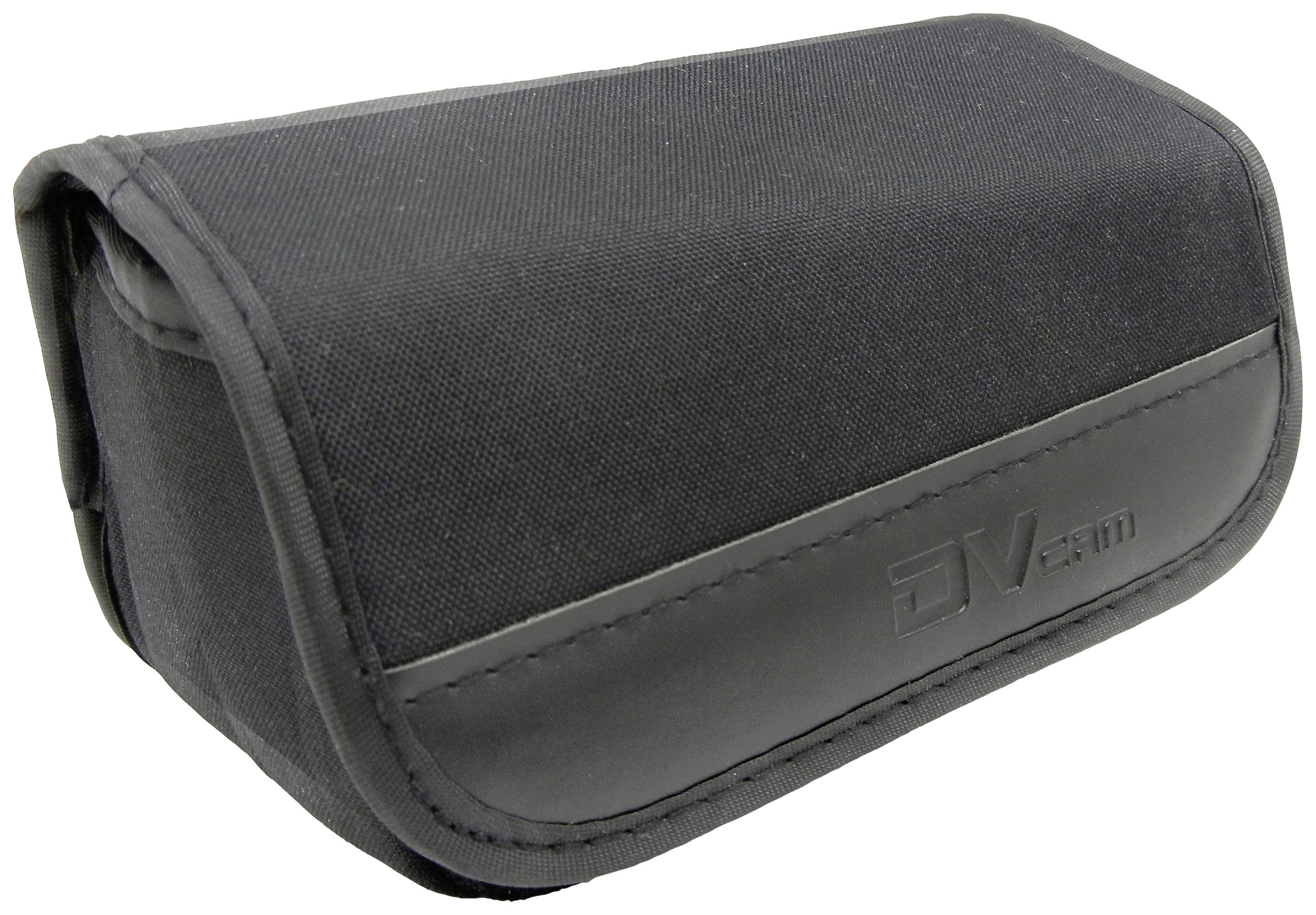 Schwarze, rechteckige Schutztasche mit abgerundeten Kanten, vermutlich für eine Kamera. Die Oberfläche ist aus Stoff und Kunstleder.