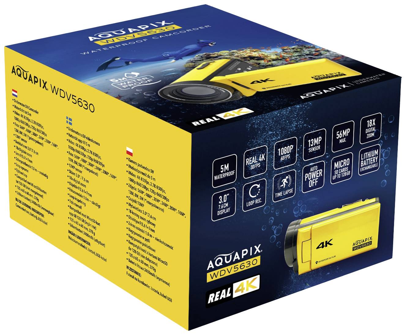 Gelbe Aquapix WDV5630 Kamera in 4K-Auflösung auf der Verpackung. Hauptmerkmale: 5 m wasserdicht, 16 MP, 1080P Video, 18x Zoom.