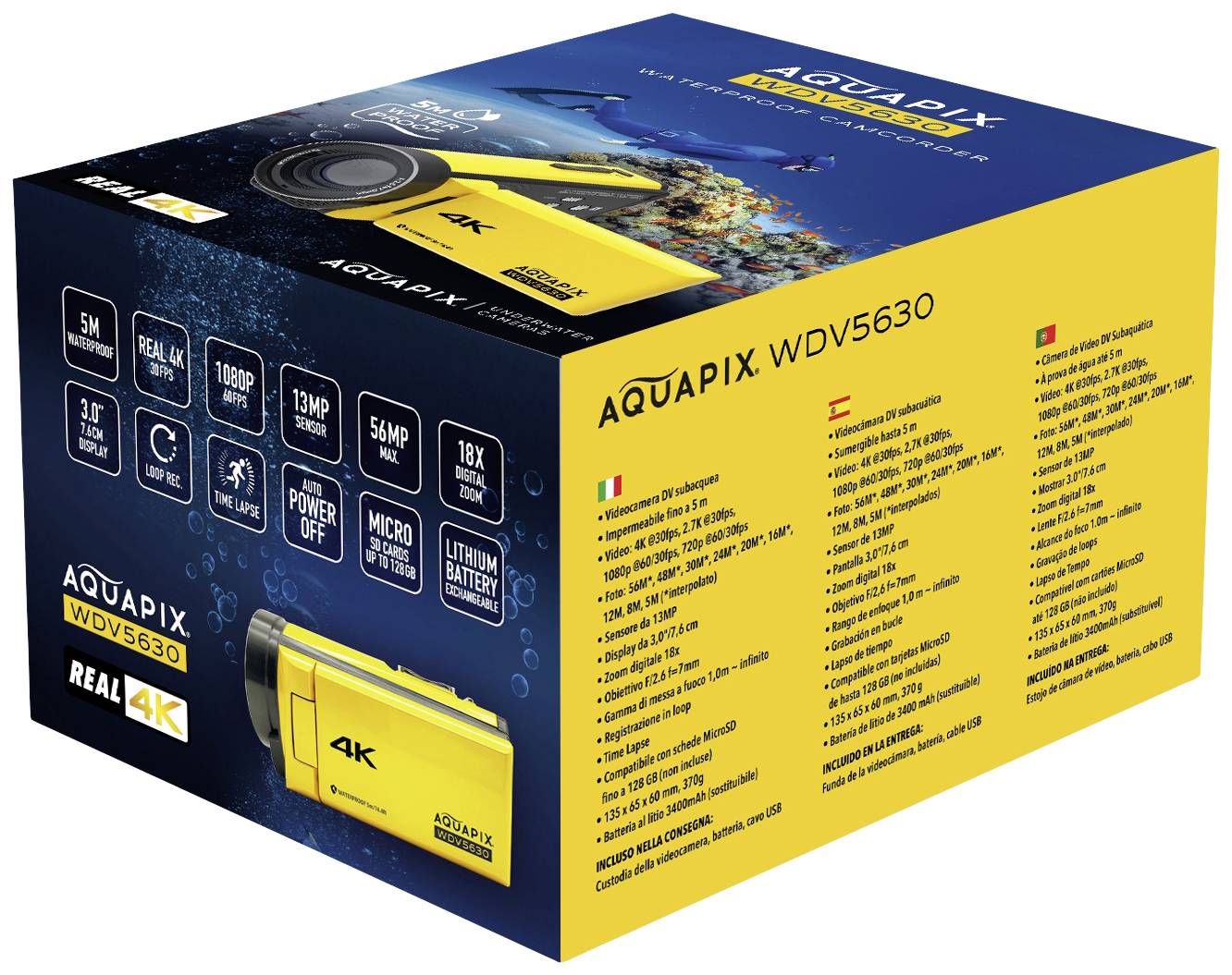 Gelbe Verpackung einer 4K Action-Kamera 'AquaPix WDV5630'; zeigt Kamera-Foto, Spezifikationen in mehreren Sprachen und Markenlogo.