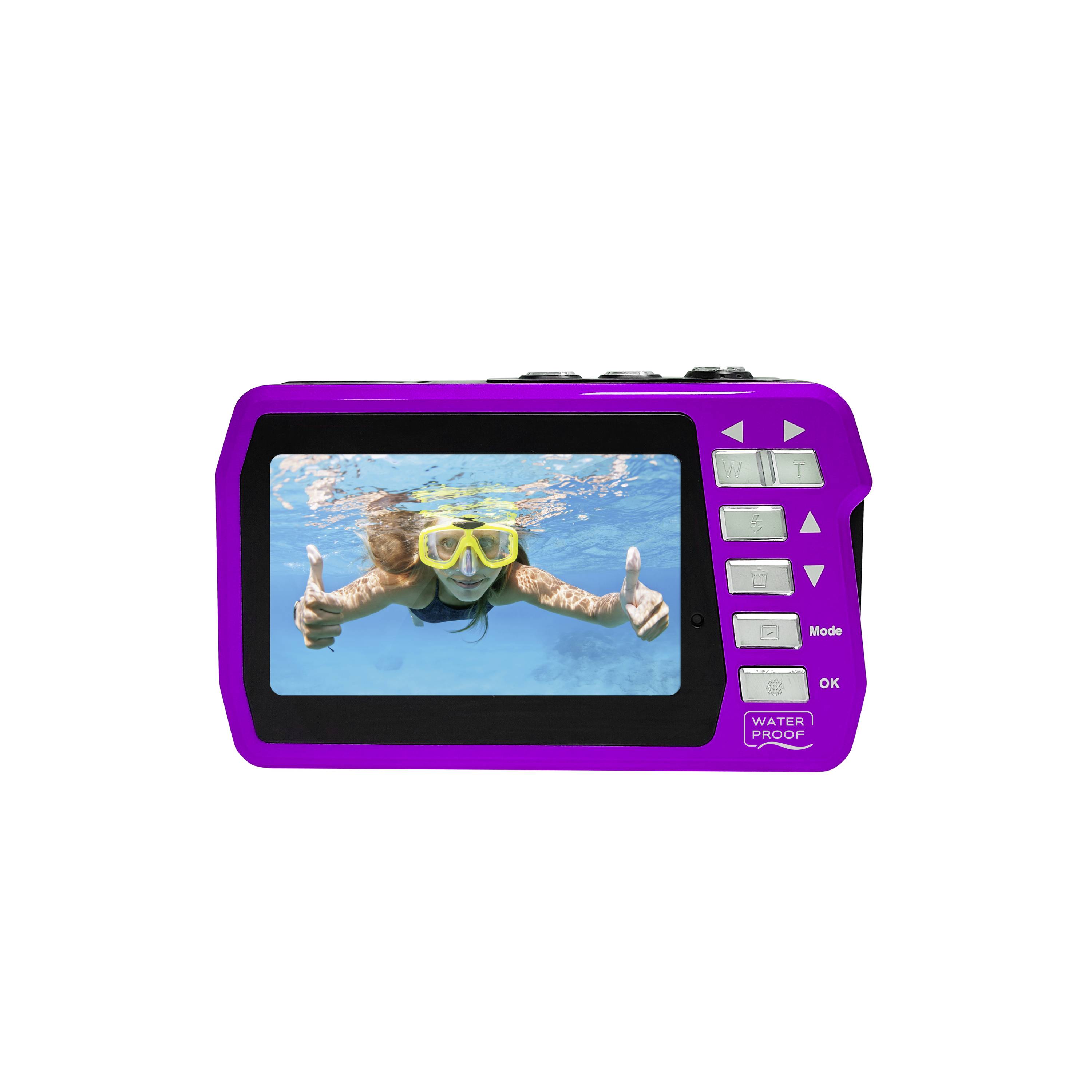 Wasserdichte Kamera in lila, zeigt ein Kind mit Tauchmaske, das im Wasser schwimmt und beide Daumen hoch hält.