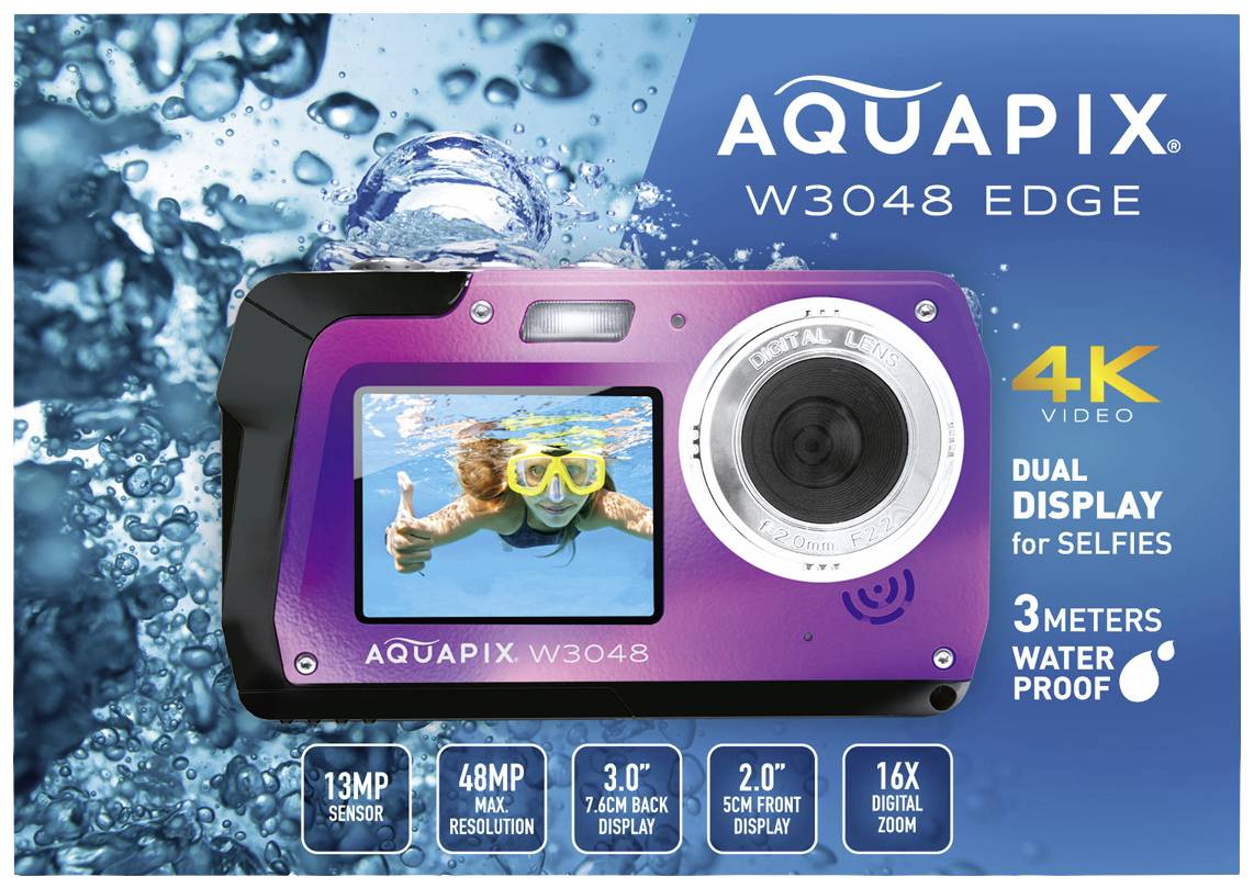 'Aquapix W3048 Edge' Kamera, ideal für Selfies. 4K Video, 3 Meter wasserdicht, doppelte Displays, 16x Zoom. 13 MP Sensor, 48 MP Auflösung.