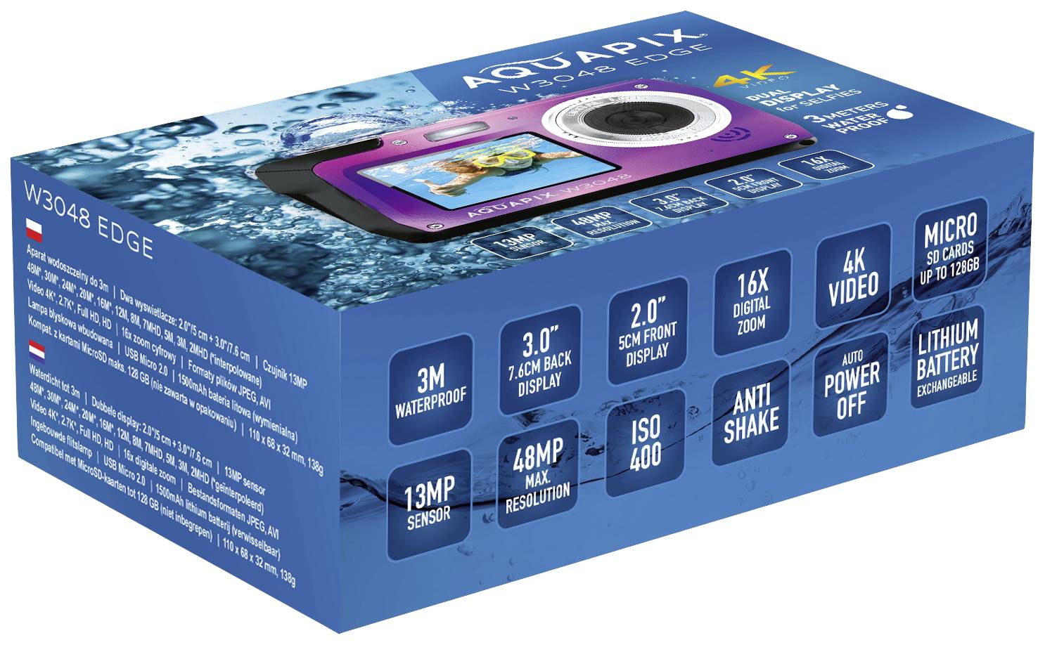 'MAGINON Waterproof Camera W3048 EDGE' auf der Verpackung. Merkmale: 3M wasserdicht, 4K Video, 3.0