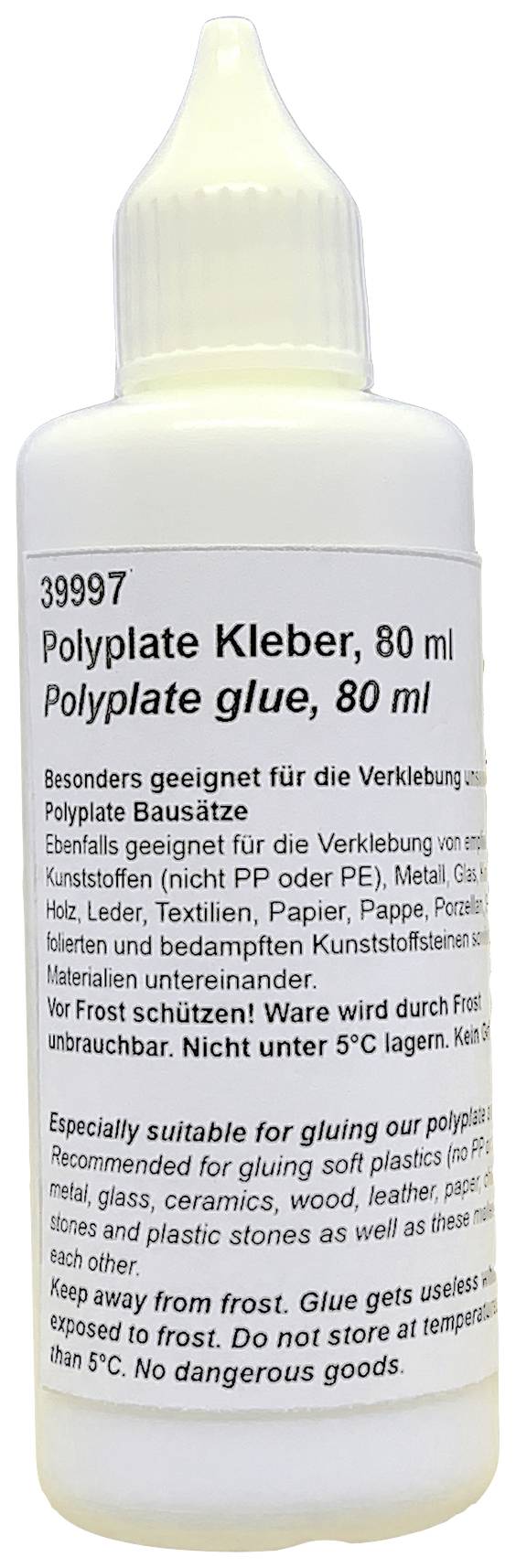 Die Flasche zeigt 'Polyplate Kleber, 80 ml', geeignet für Verklebung von Polyplate Bausätzen und anderen Materialien, frostempfindlich.