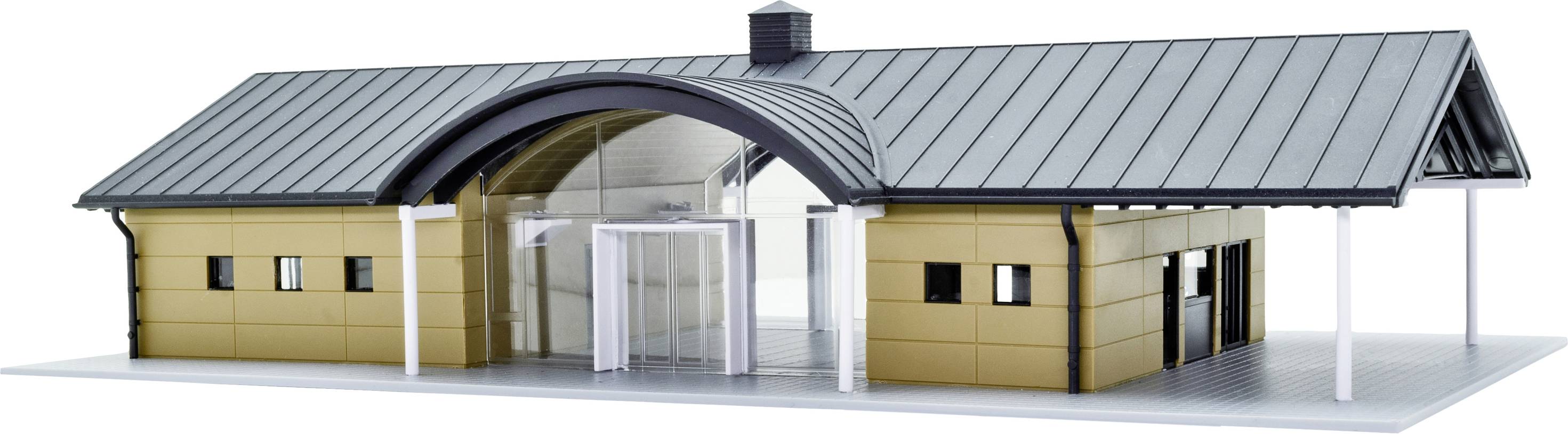 Modernes Gebäude mit geschwungenem Dach, großen Glasfronten und Metallverkleidung; links und rechts sind überdachte Eingänge.