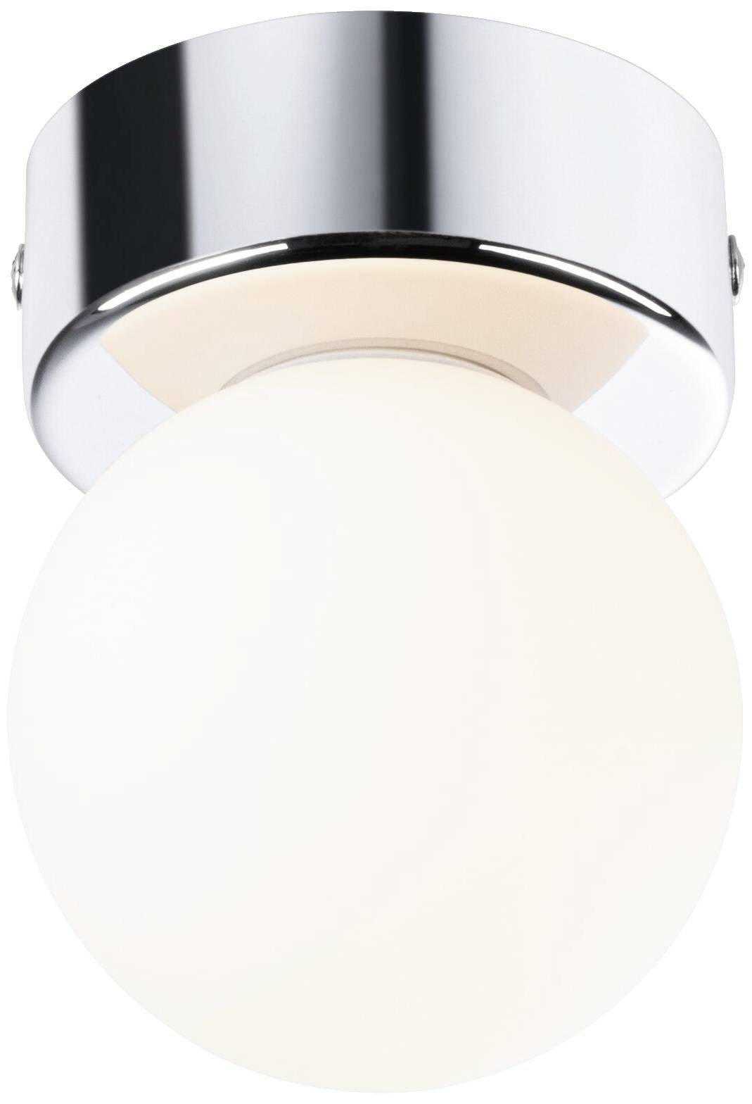 Moderne, runde Deckenleuchte mit glänzendem Chromrahmen und opalweißem Glasdiffusor, strahlt gleichmäßig weiches Licht aus.