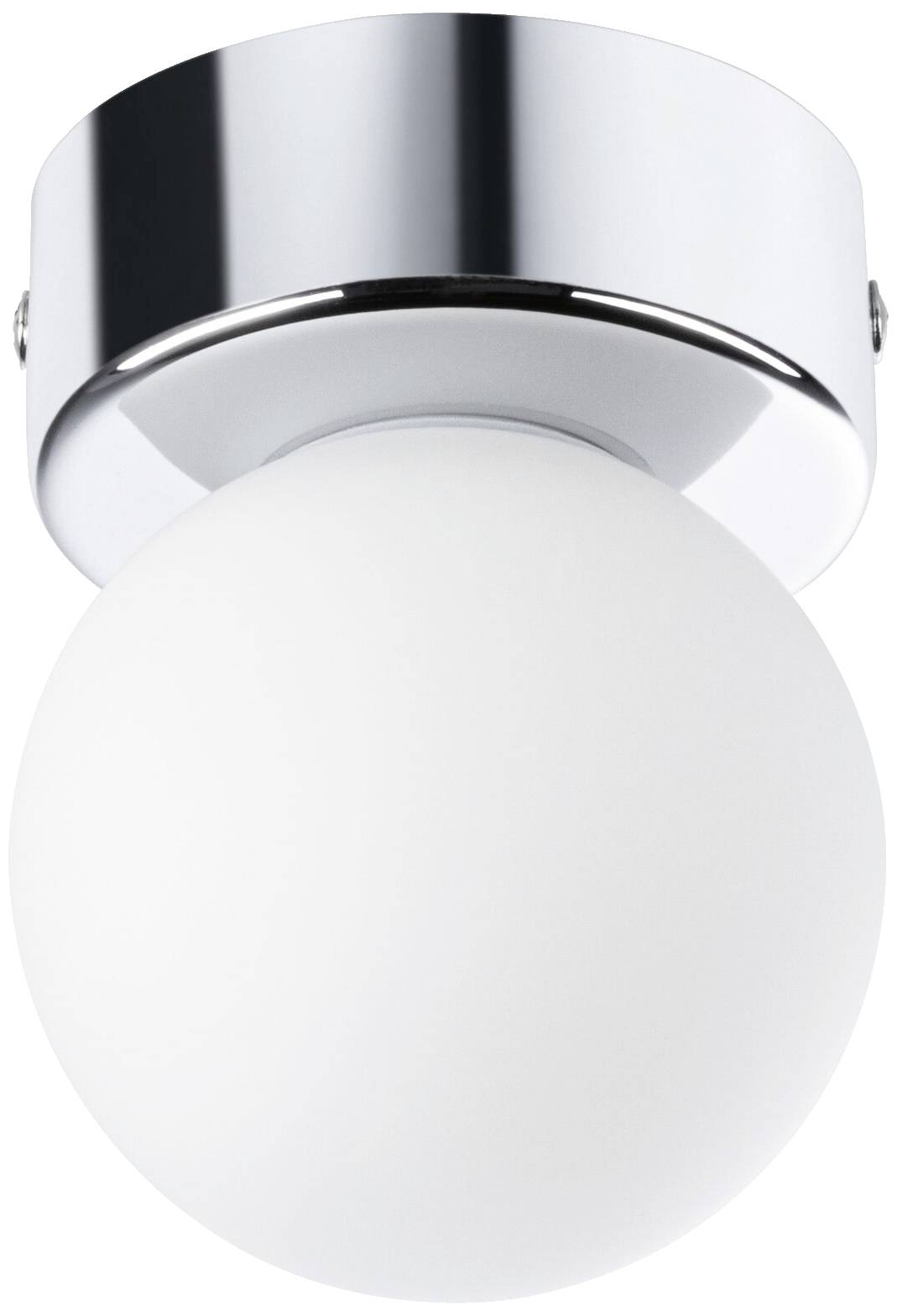 Deckenleuchte mit glänzend verchromtem Sockel und weißer Kugelglasabdeckung, geeignet für moderne Innenräume.