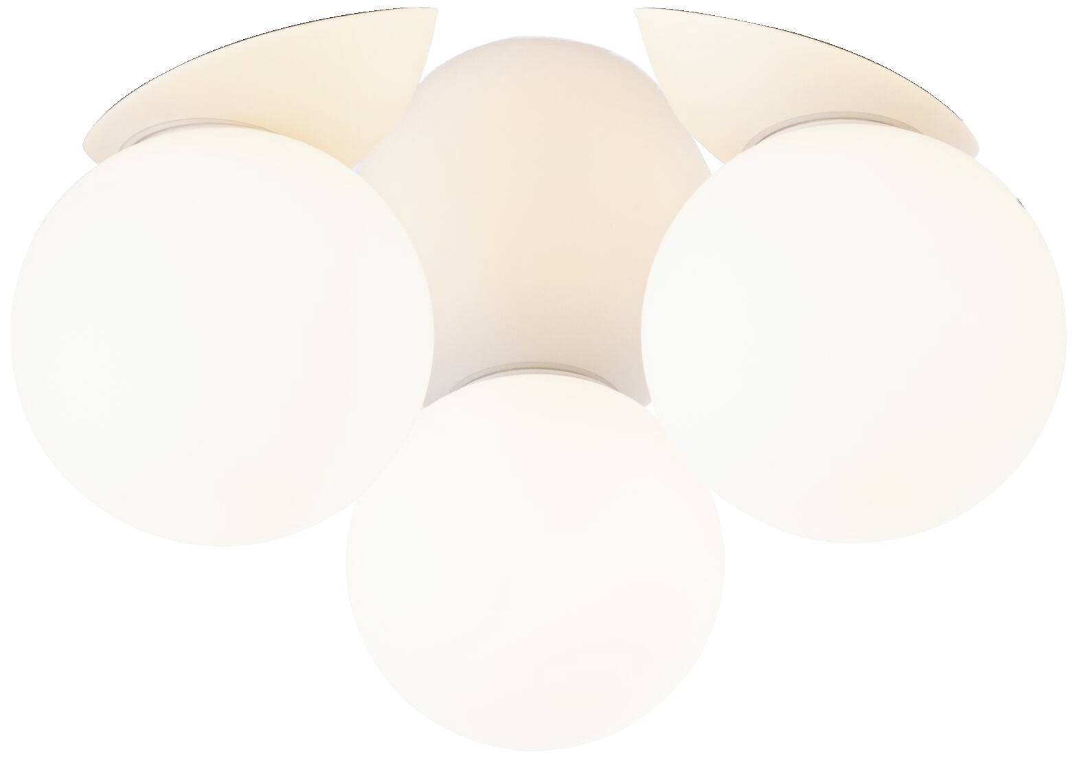 Drei kugelförmige Deckenleuchten strahlen weiches, warmes Licht aus. Ideal zur gleichmäßigen Beleuchtung eines modernen Raums.