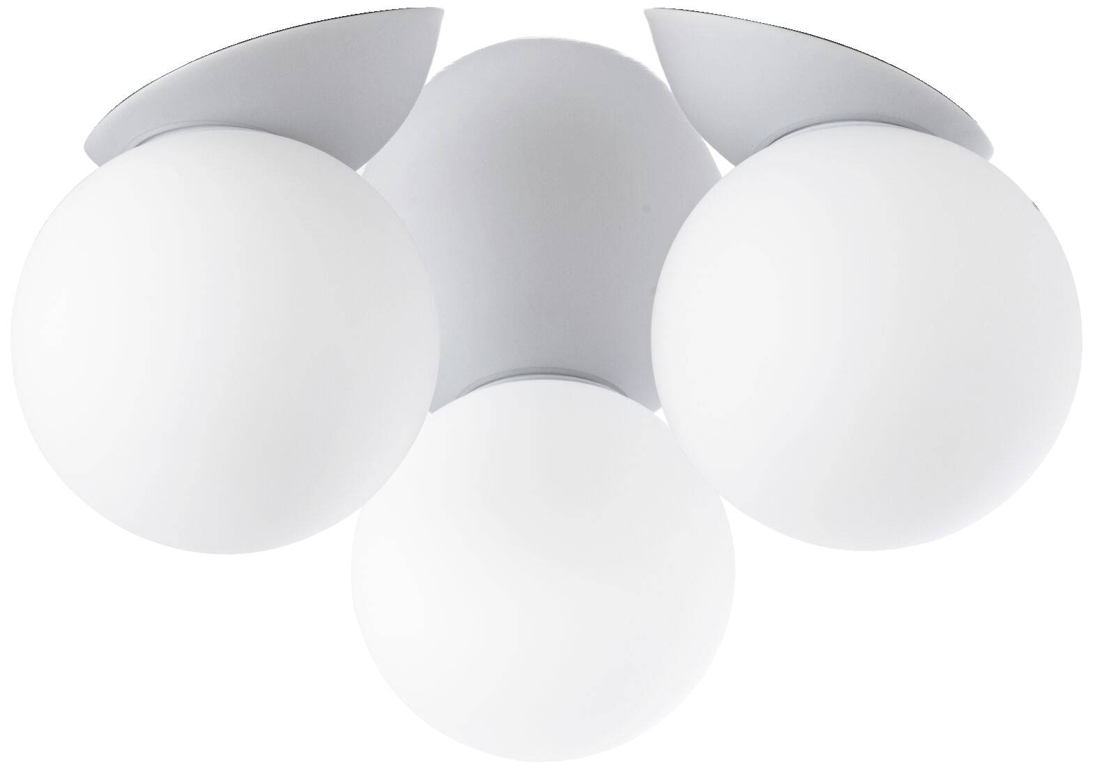 Weiße Deckenleuchte mit drei kugelförmigen Lampenschirmen, symmetrisch angeordnet. Ideal für modernes Interieur.