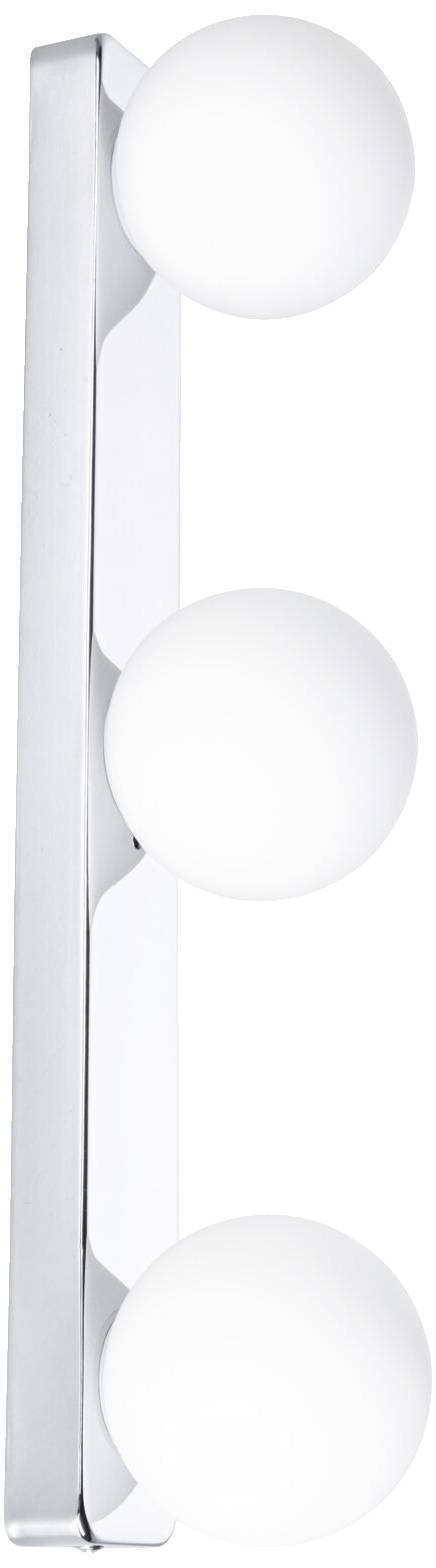 Drei runde, weiße Lampen auf einer vertikalen, silbernen Leiste, vor einem weißen Hintergrund montiert.