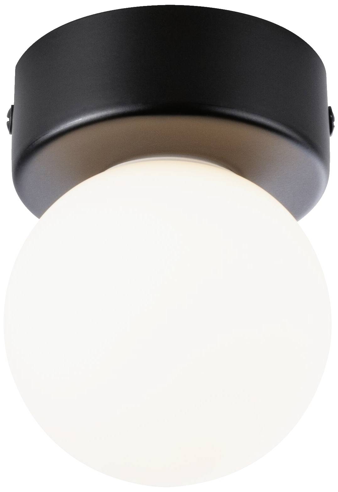Schwarze Deckenleuchte mit kugelförmigem, weißem Glasdiffusor. Minimalistisches Design, geeignet für moderne Wohnräume.