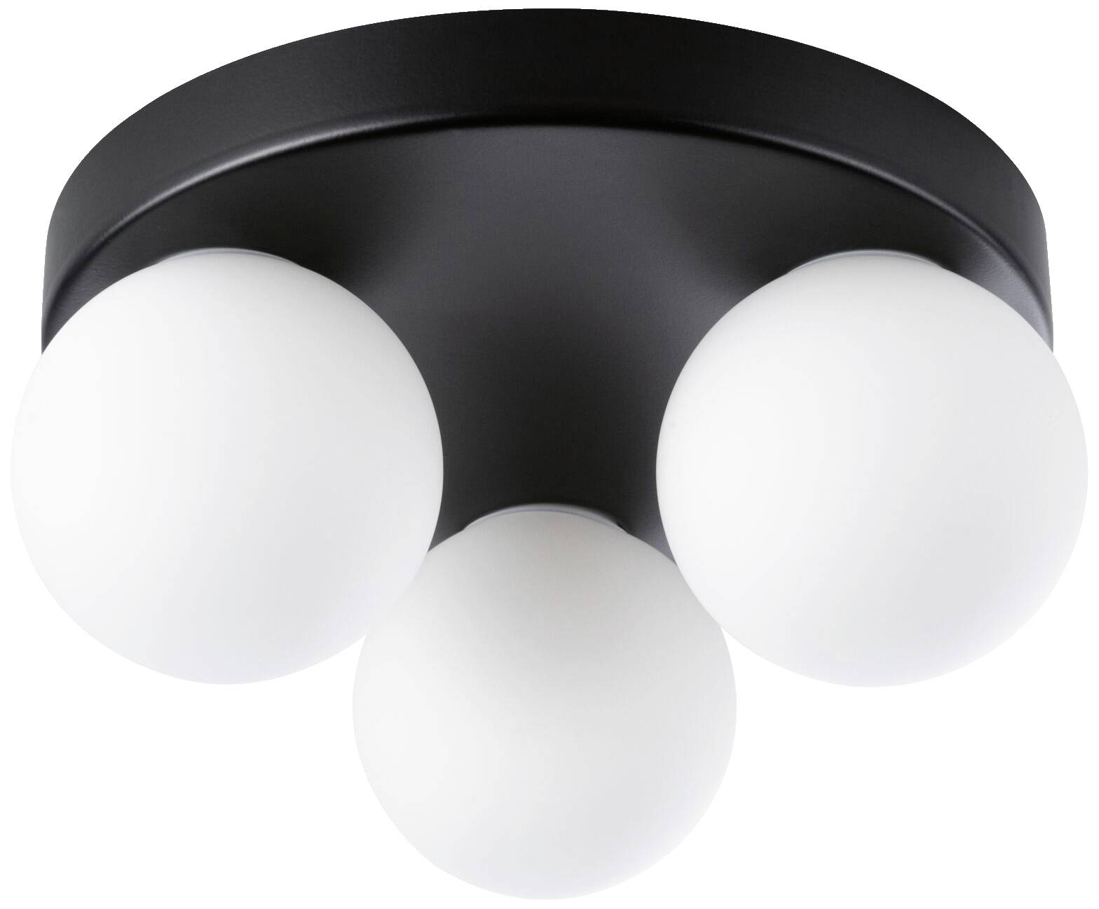 Schwarze, runde Deckenleuchte mit drei weißen, kugelförmigen Glühbirnen, die nach unten gerichtet sind. Geeignet für die Innenbeleuchtung.