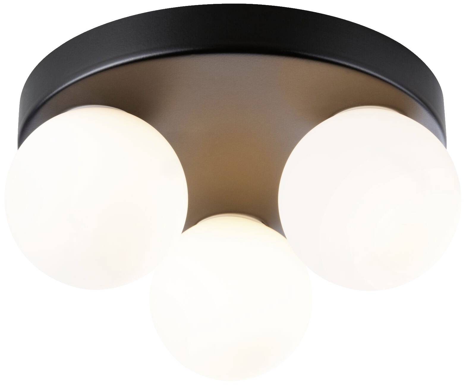 Ein schwarzes Deckengehäuse mit drei runden, weißen Leuchten. Diese sind symmetrisch angeordnet und strahlen gleichmäßiges Licht aus.