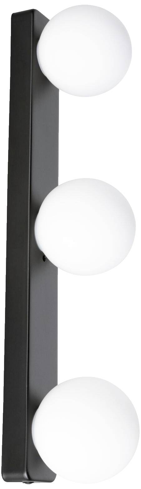Vertikale Wandleuchte mit schwarzem Rahmen und drei runden, weißen Lampen, gleichmäßig angeordnet von oben nach unten.