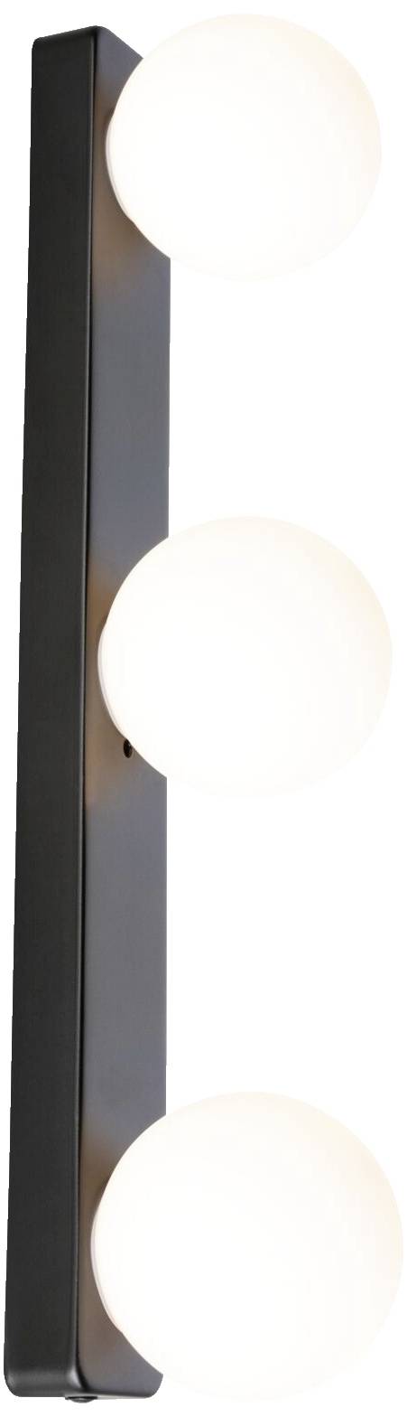 Eine moderne Wandlampe mit einem schmalen, vertikalen schwarzen Rahmen und drei runden weißen Leuchtkörpern übereinander.