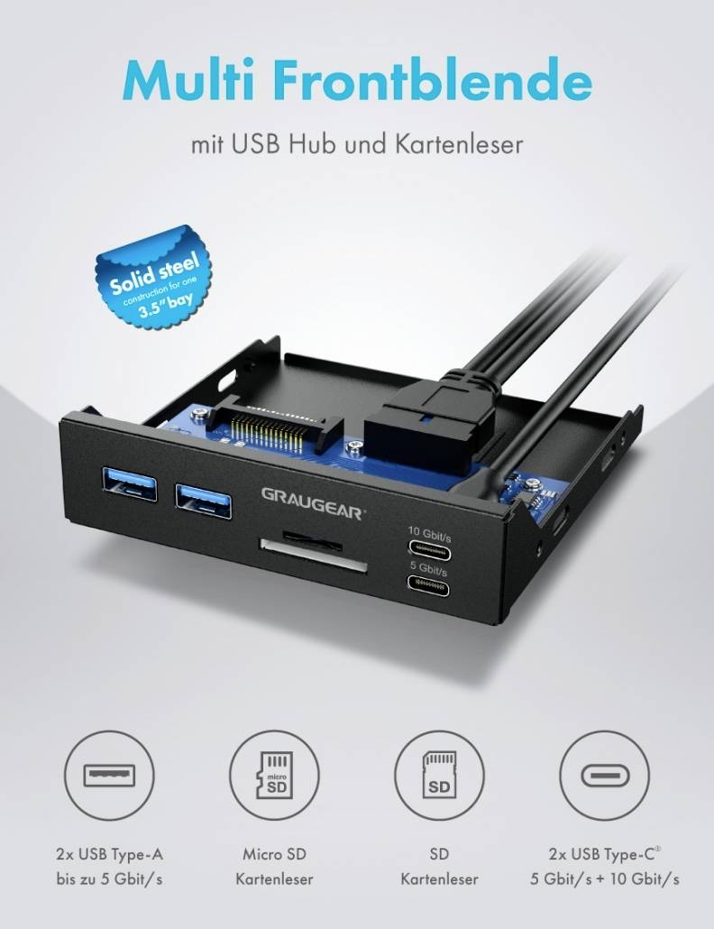 Ein USB-Hub- und Kartenleser-Frontpanel, kompatibel mit 3,5'' Laufwerksschächten. Enthält zwei USB Type-A und zwei USB Type-C Anschlüsse.