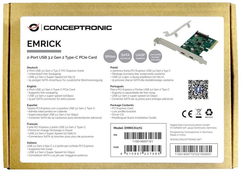 Conceptronic EMRICK07G 2 Port USB-C® 3.1 Gen2 Schnittstellenkarte PCIe, USB-C® PCIe x4
