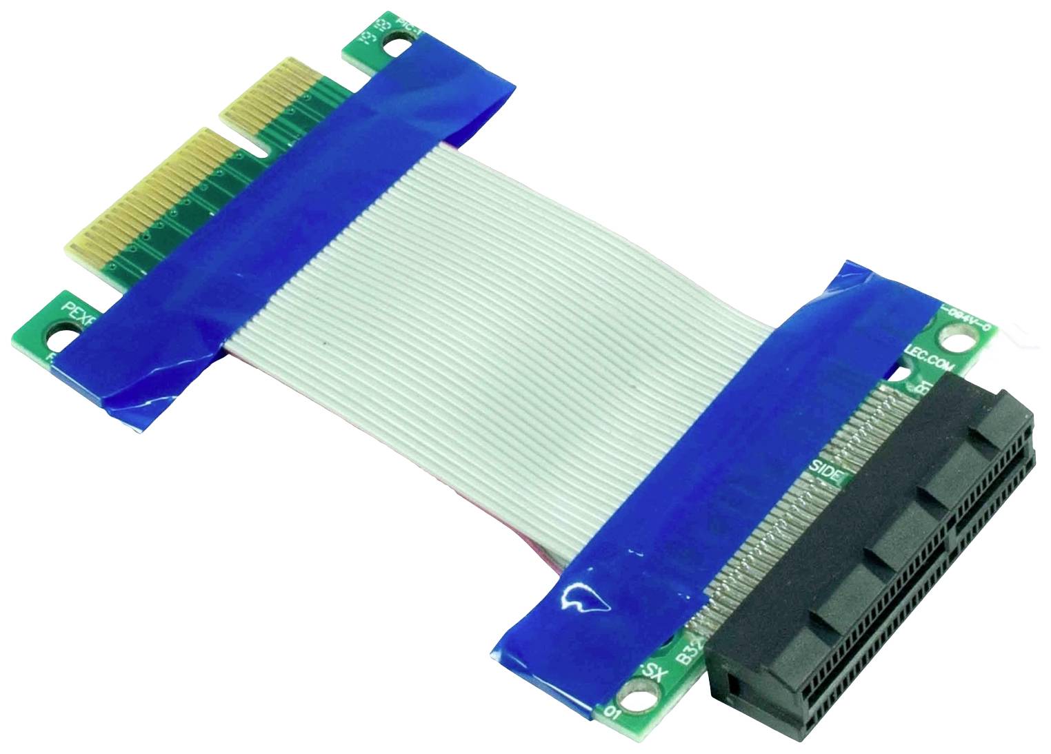 Flachbandkabel mit grünem und blauem Anschluss an beiden Enden. Es dient zur Verbindung von Komponenten in Computersystemen.
