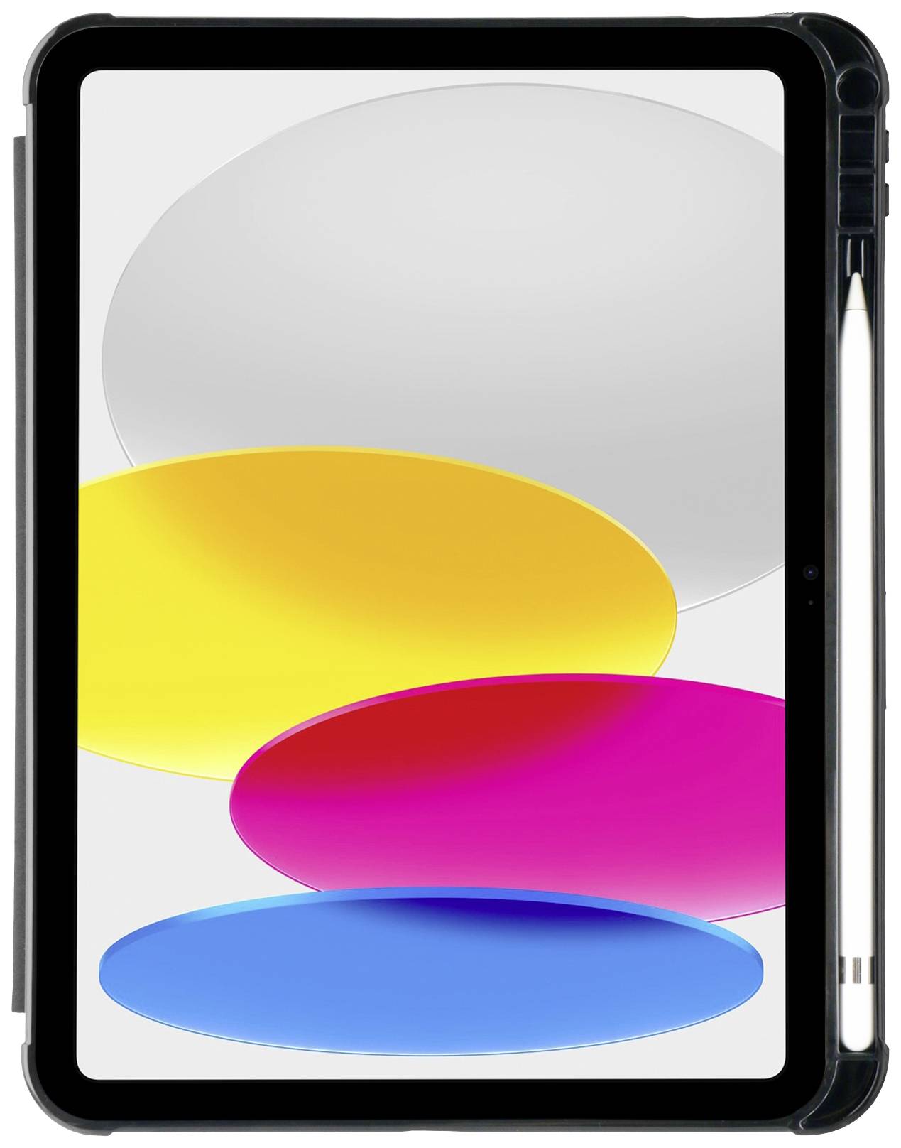 Tablet mit einem beigefügten Stift zeigt ein buntes Design mit vier ovalen Formen in Grau, Gelb, Pink und Blau auf dem Bildschirm.