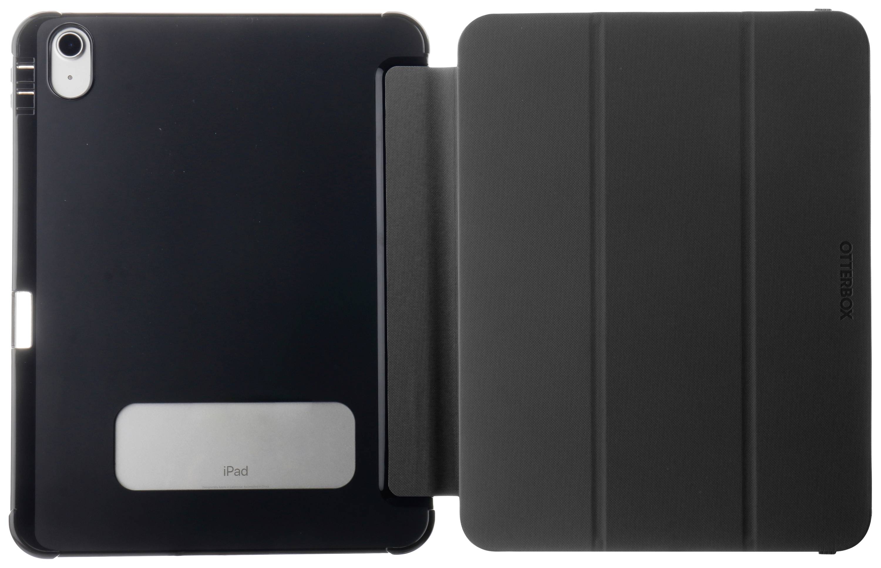 Ein schwarzes Tablet in einer Schutzhülle. Die Hülle ist leicht geöffnet und zeigt die Rückseite des Tablets mit einem silbernen Emblem.