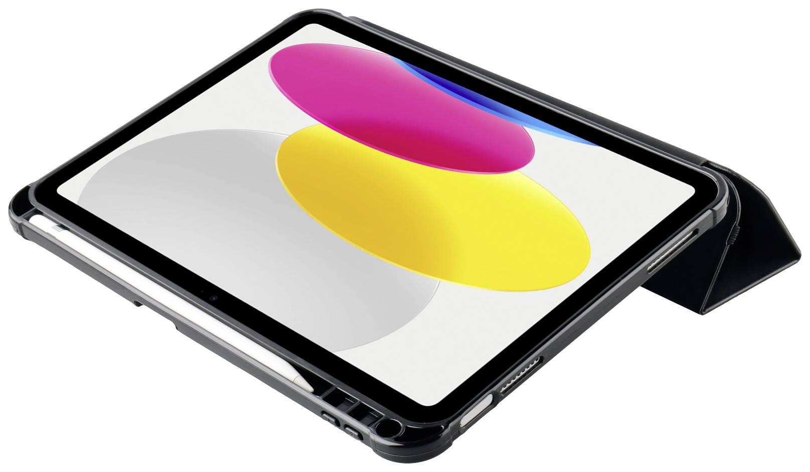 Tablet auf Stand mit hellem Bildschirm, zeigt bunte, überlappende Kreise in Pink, Gelb und Blau vor grauem Hintergrund.