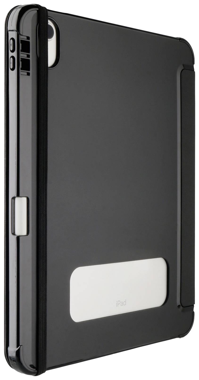 Schwarze Tablet-Hülle mit elastischem Band und Kameraöffnung, bietet Schutz und Funktionalität für ein elektronisches Gerät.