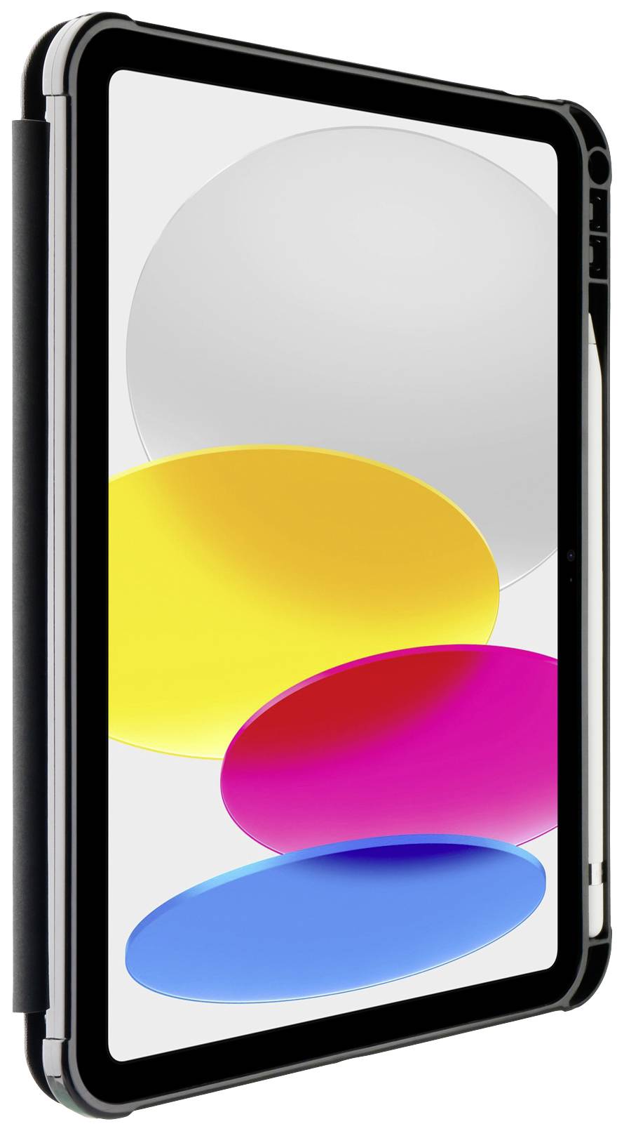 Tablet mit abgerundeten Ecken, schwarzem Rahmen und vier bunten Kreisen (gelb, rosa, blau, grau) auf dem Bildschirm.