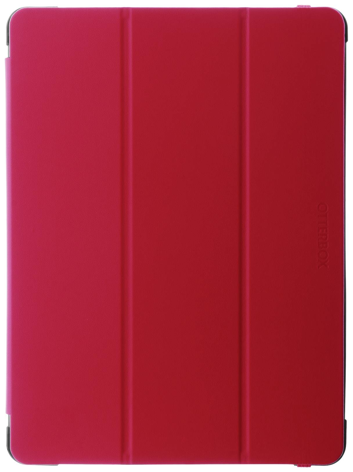 Ein rotes Tablet-Cover mit vertikalen Linien, das als Schutz dient.