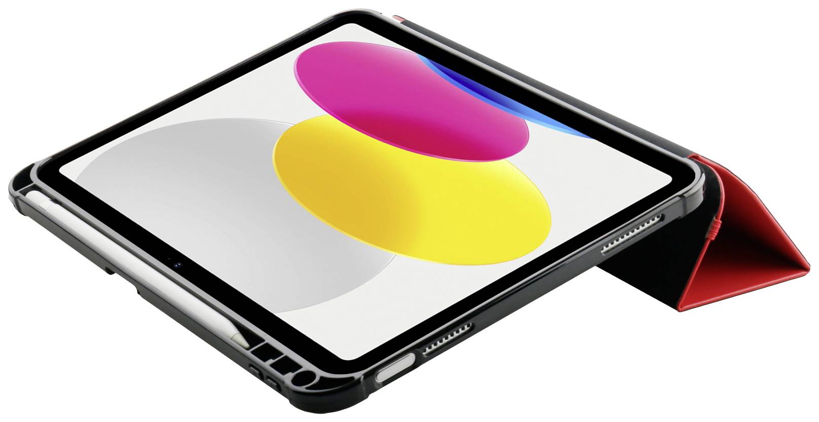 Tablet mit abgewinkeltem Cover, bunte Kreise auf dem Display. Hauptsächlich gelber, pinker und blauer Kreis zu sehen.