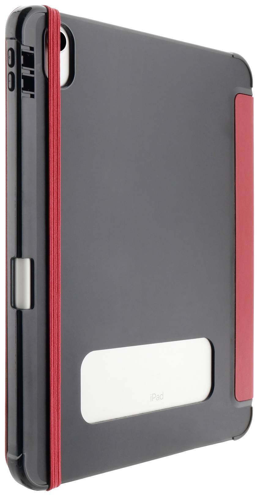 Eine schwarze Tablet-Hülle mit rotem Gummiband. Rückseite zeigt Kameraausschnitt und Markenlogo unten. Schlichtes, modernes Design.